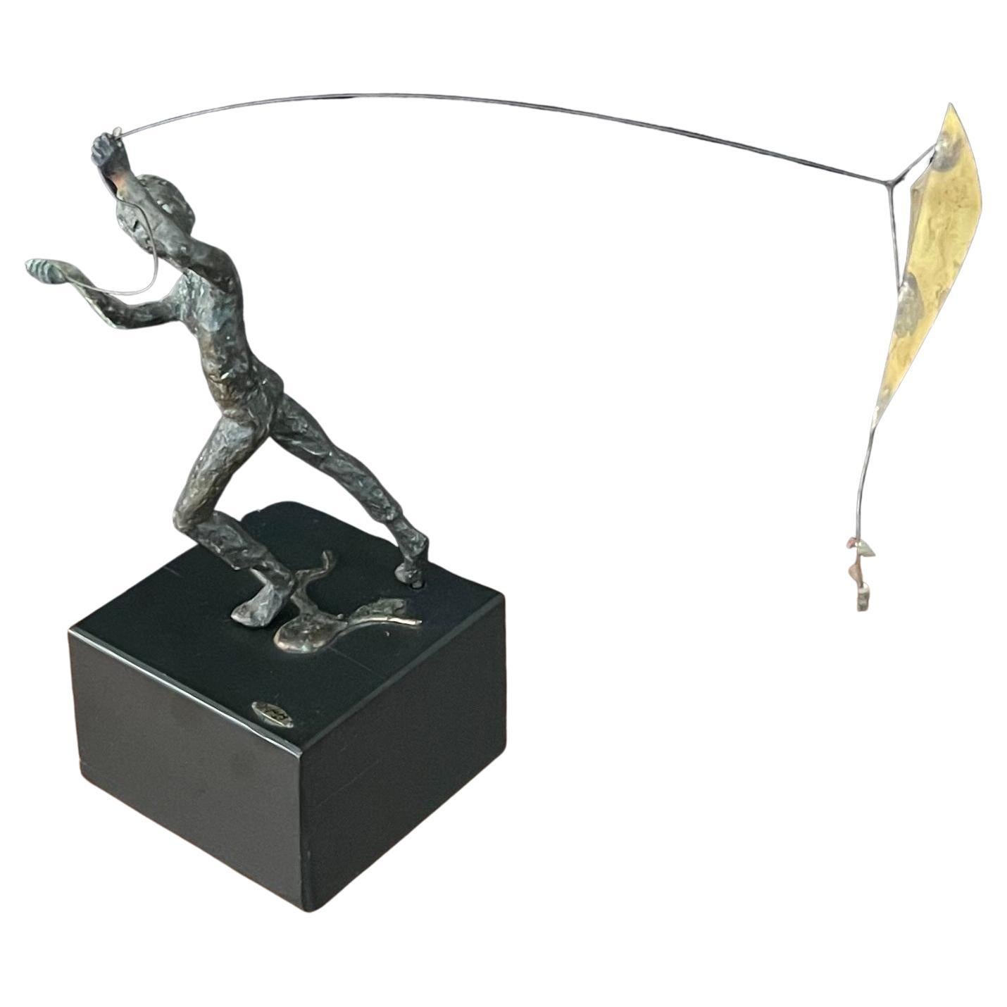 Boy Flying Kite Bronze on Wood Block Sculpture by Curtis Jere For Sale