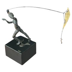 Boy Flying Kite Bronze on Wood Block Sculpture by Curtis Jere