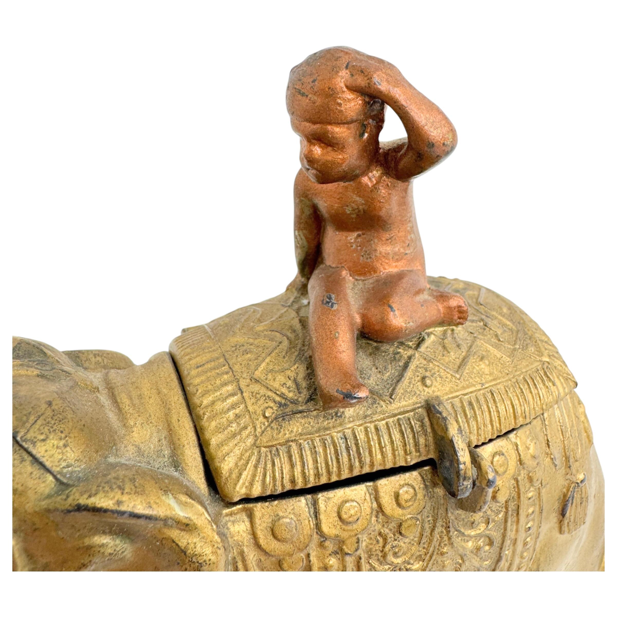 Boy on a Gilt Elephant Metal Money Box Piggy Bank, Antique Austria 1890s For Sale 4