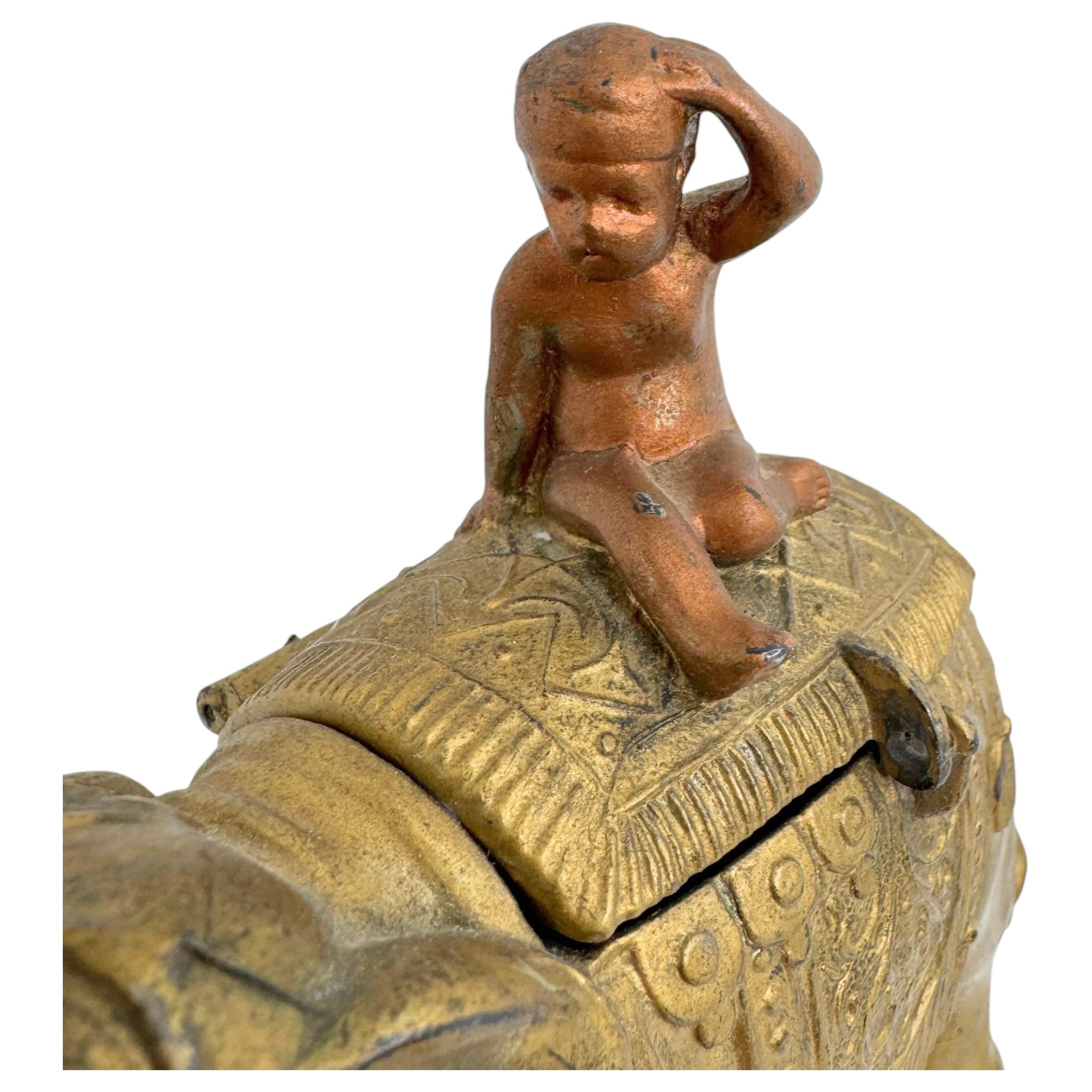 Boy on a Gilt Elephant Metal Money Box Piggy Bank, Antique Austria 1890s For Sale 5