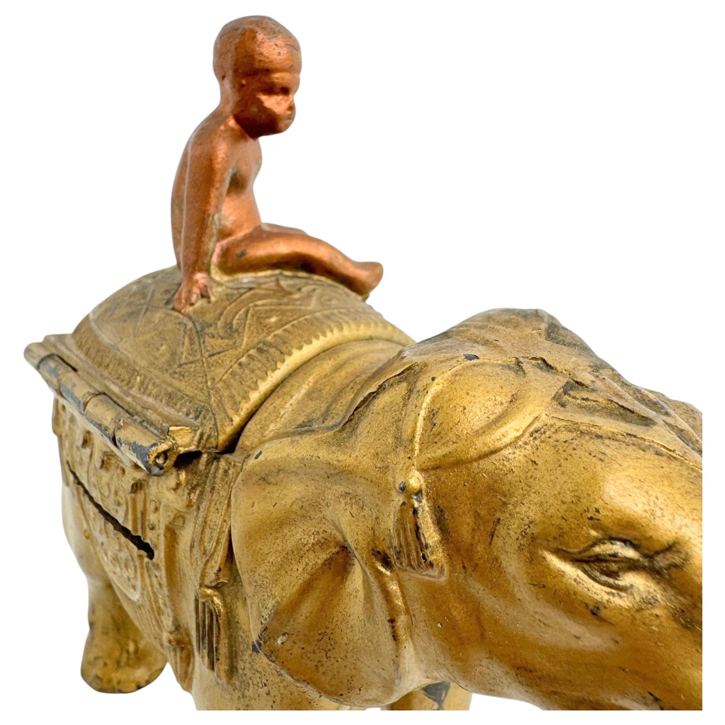 Boy on a Gilt Elephant Metal Money Box Piggy Bank, Antique Austria 1890s For Sale 6