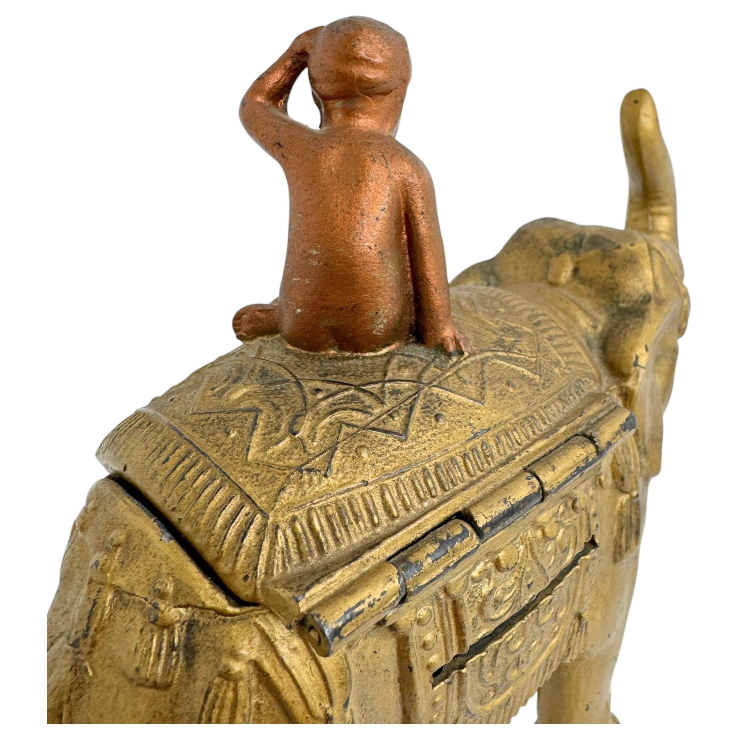 Boy on a Gilt Elephant Metal Money Box Piggy Bank, Antique Austria 1890s For Sale 7