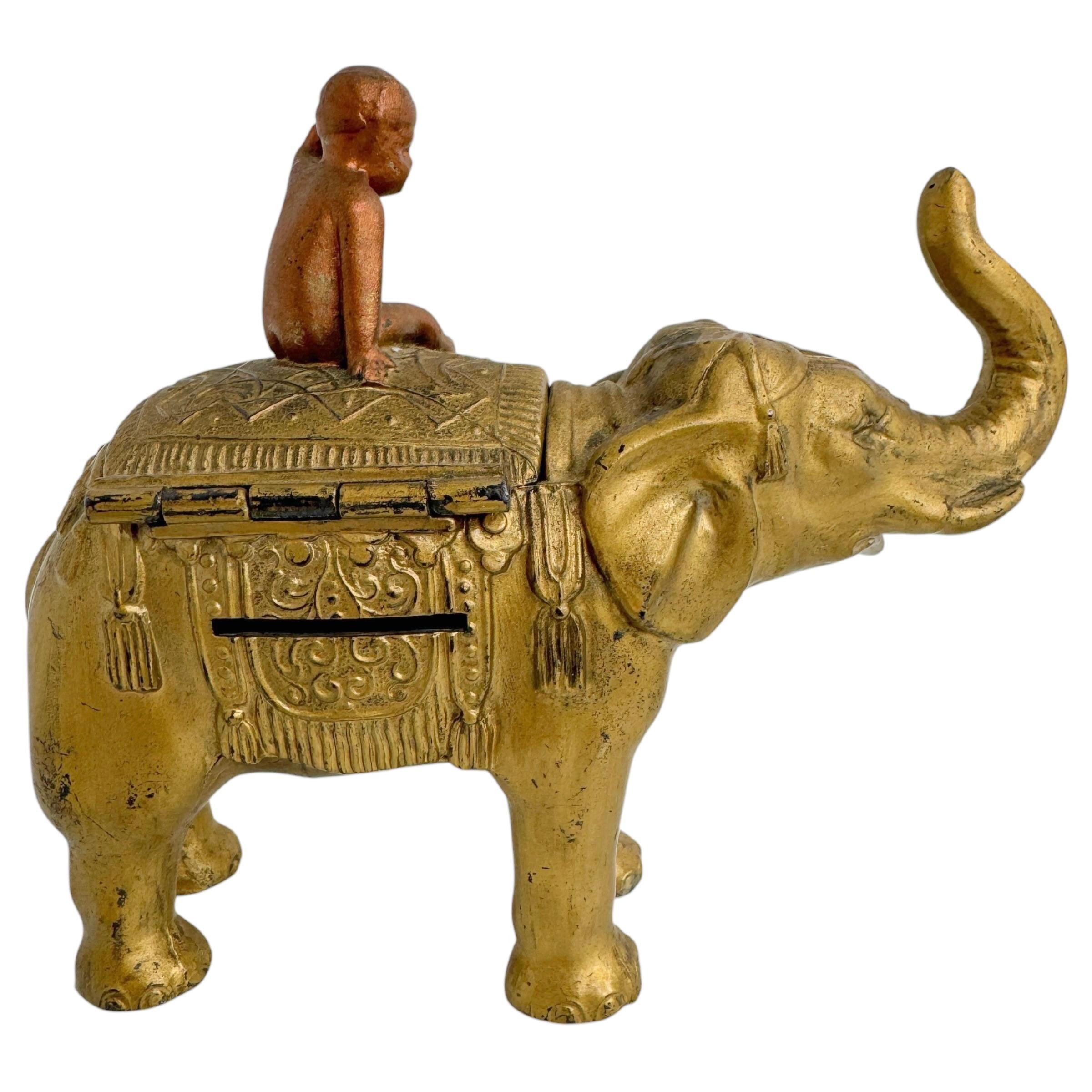 Austrian Boy on a Gilt Elephant Metal Money Box Piggy Bank, Antique Austria 1890s For Sale