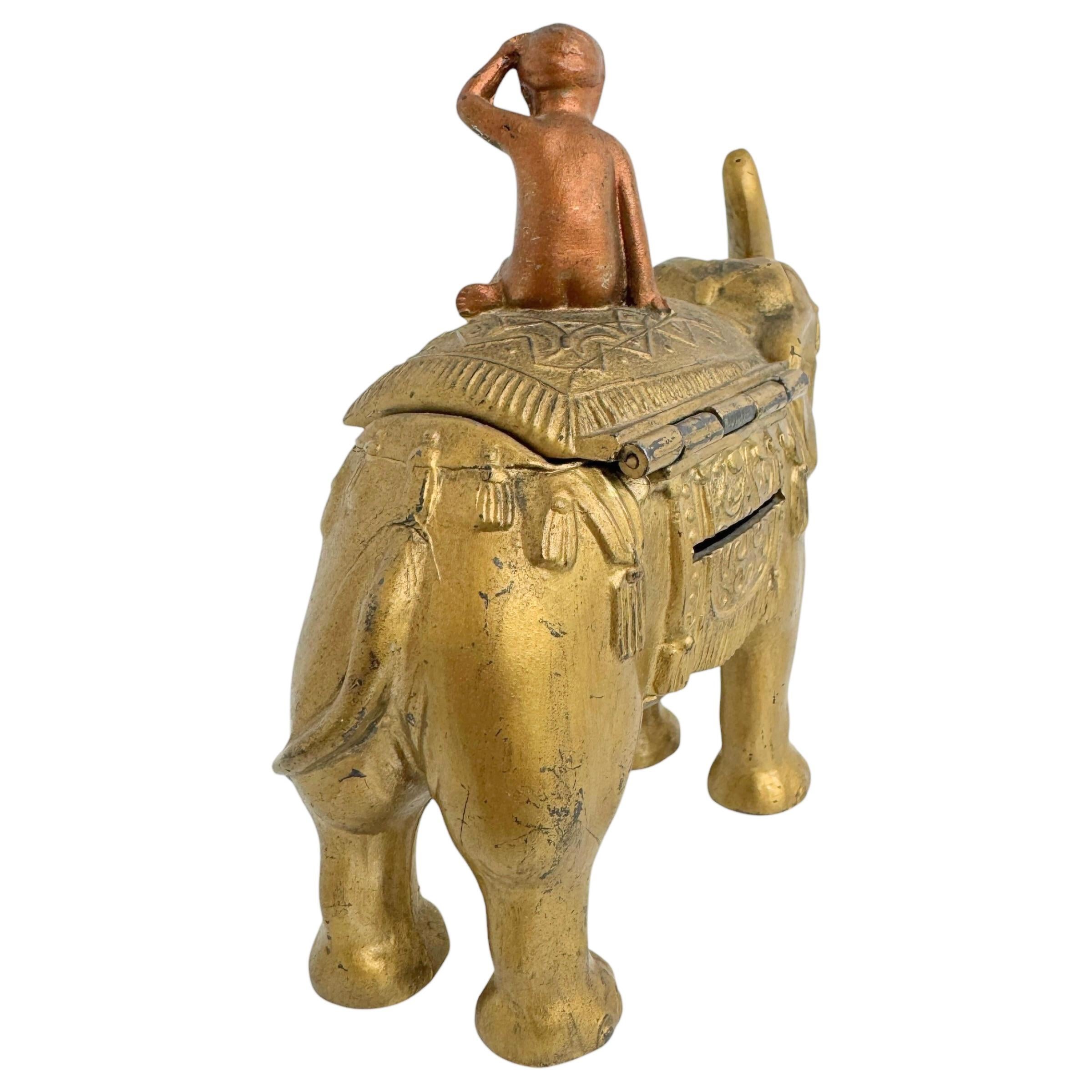 Boy on a Gilt Elephant Metal Money Box Piggy Bank, Antique Austria 1890s In Good Condition For Sale In Nuernberg, DE