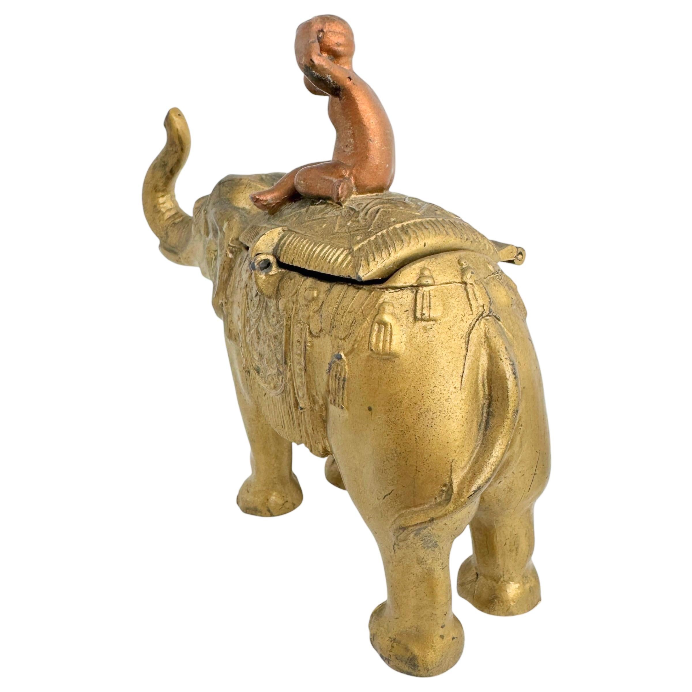 19th Century Boy on a Gilt Elephant Metal Money Box Piggy Bank, Antique Austria 1890s For Sale