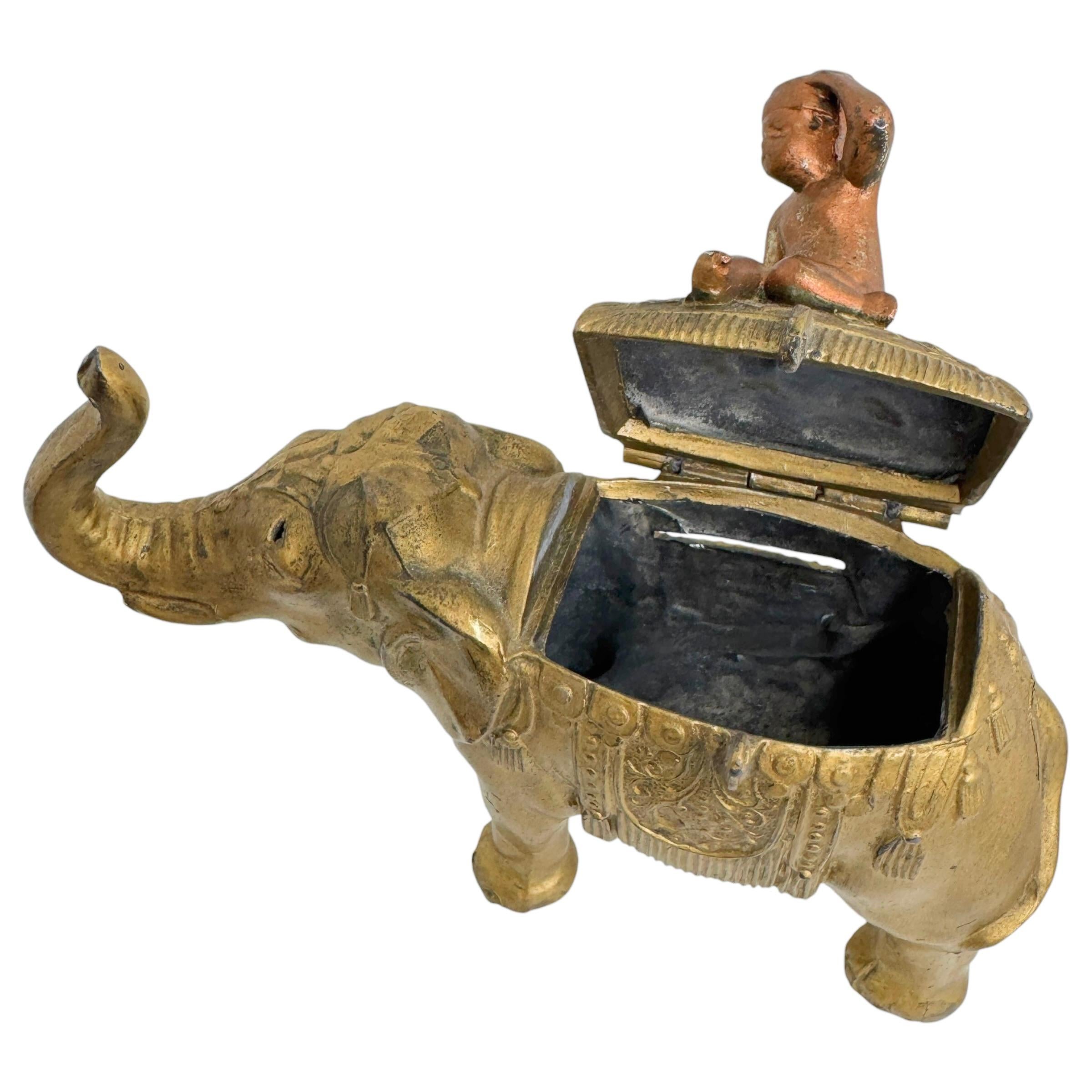 Boy on a Gilt Elephant Metal Money Box Piggy Bank, Antique Austria 1890s For Sale 1