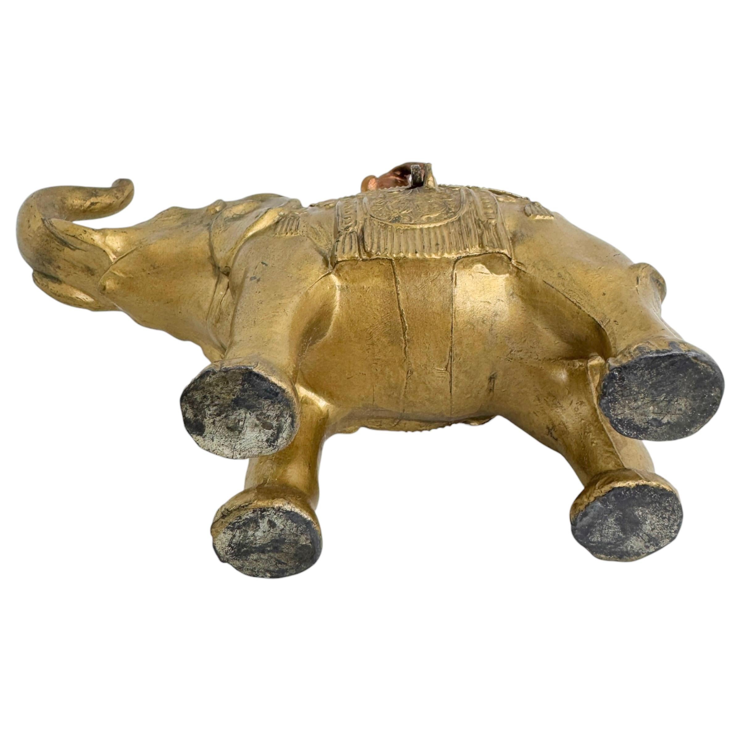 Boy on a Gilt Elephant Metal Money Box Piggy Bank, Antique Austria 1890s For Sale 2