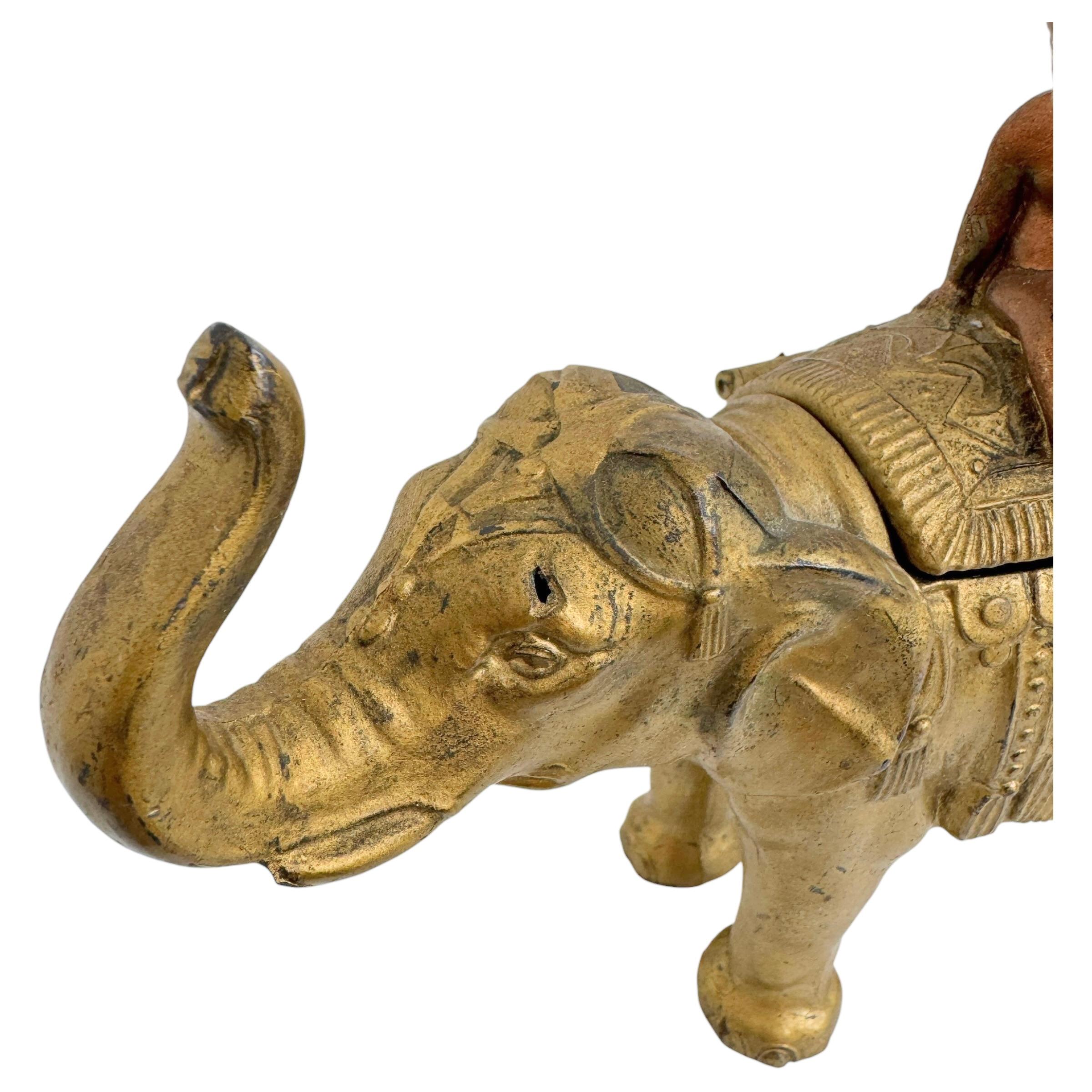 Boy on a Gilt Elephant Metal Money Box Piggy Bank, Antique Austria 1890s For Sale 3