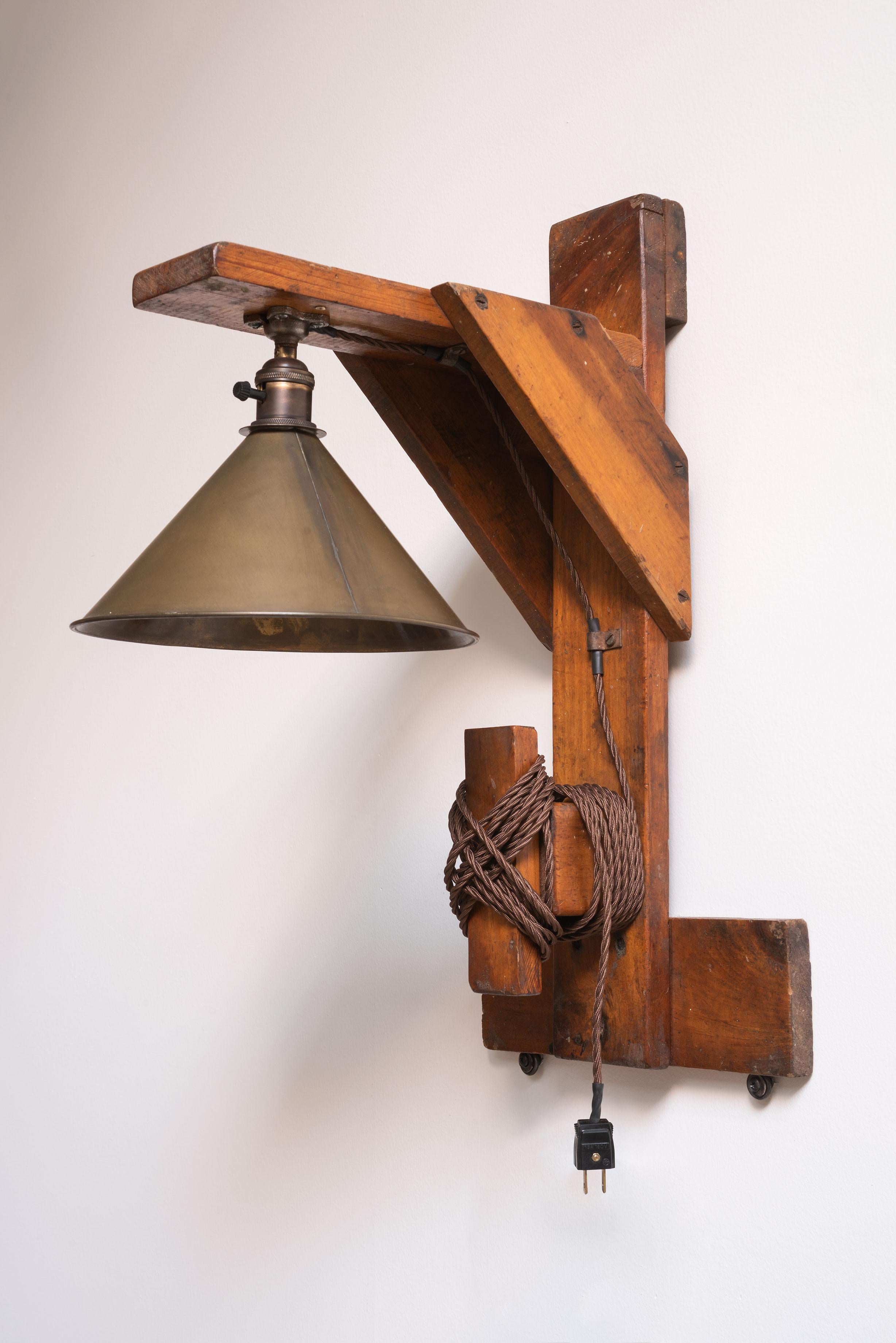 Boy Scout, merit badge project, wood wall bracket lamp with antique brass shade, newly wired, U.S., signed Scout John W. Stevens, 1964.