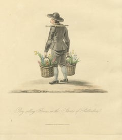 Boy selling Flowers in Rotterdam, Daffodil Baskets, Antique Print, 1817