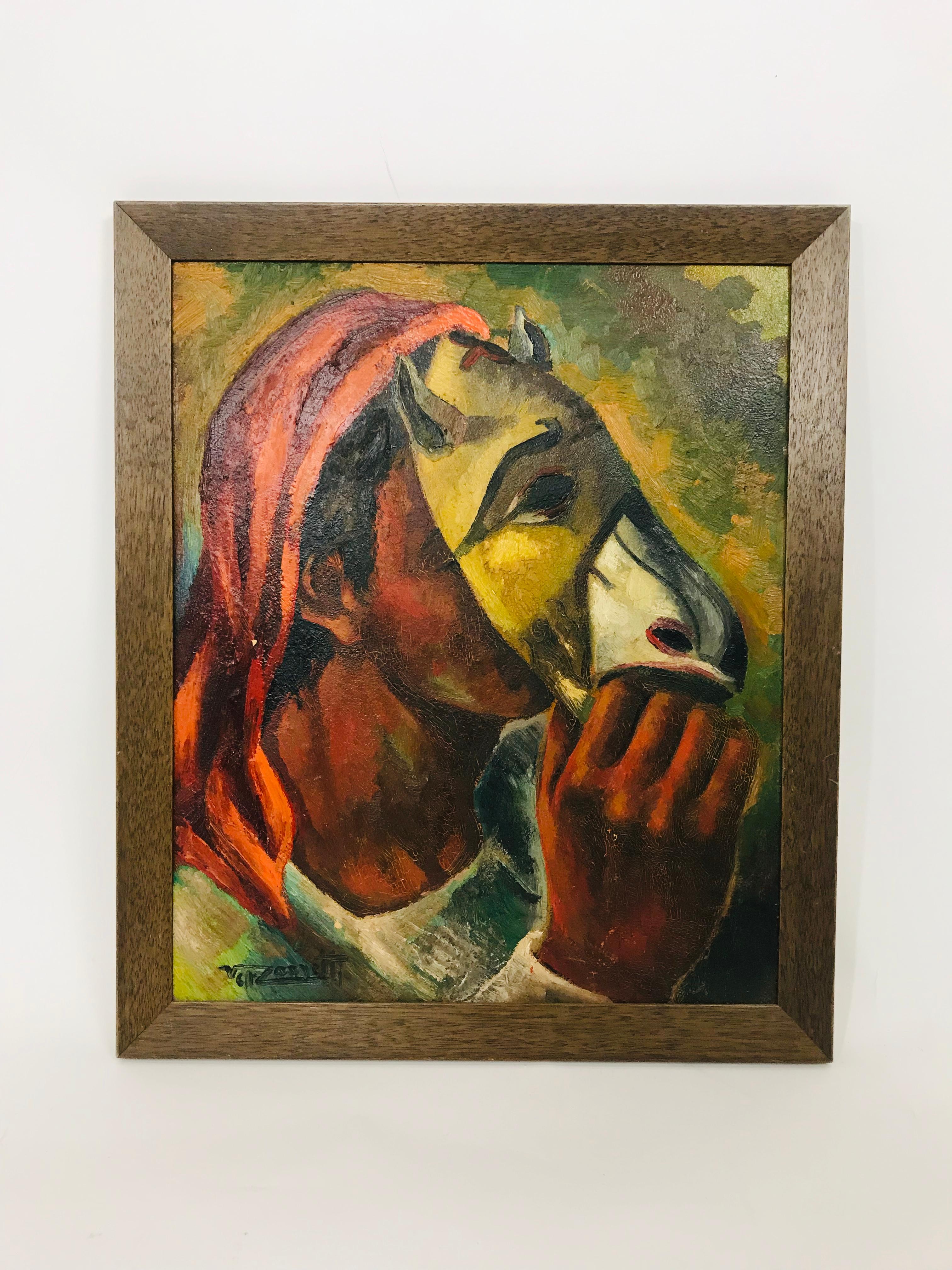 A masterful oil on board by esteemed Spanish artist Jose Vela Zanetti, depicting a boy with a mask, painted with yellow and white paint and adoring miniature black horns taking the form of a bull. The bull is a cultural, mythological, astrological,