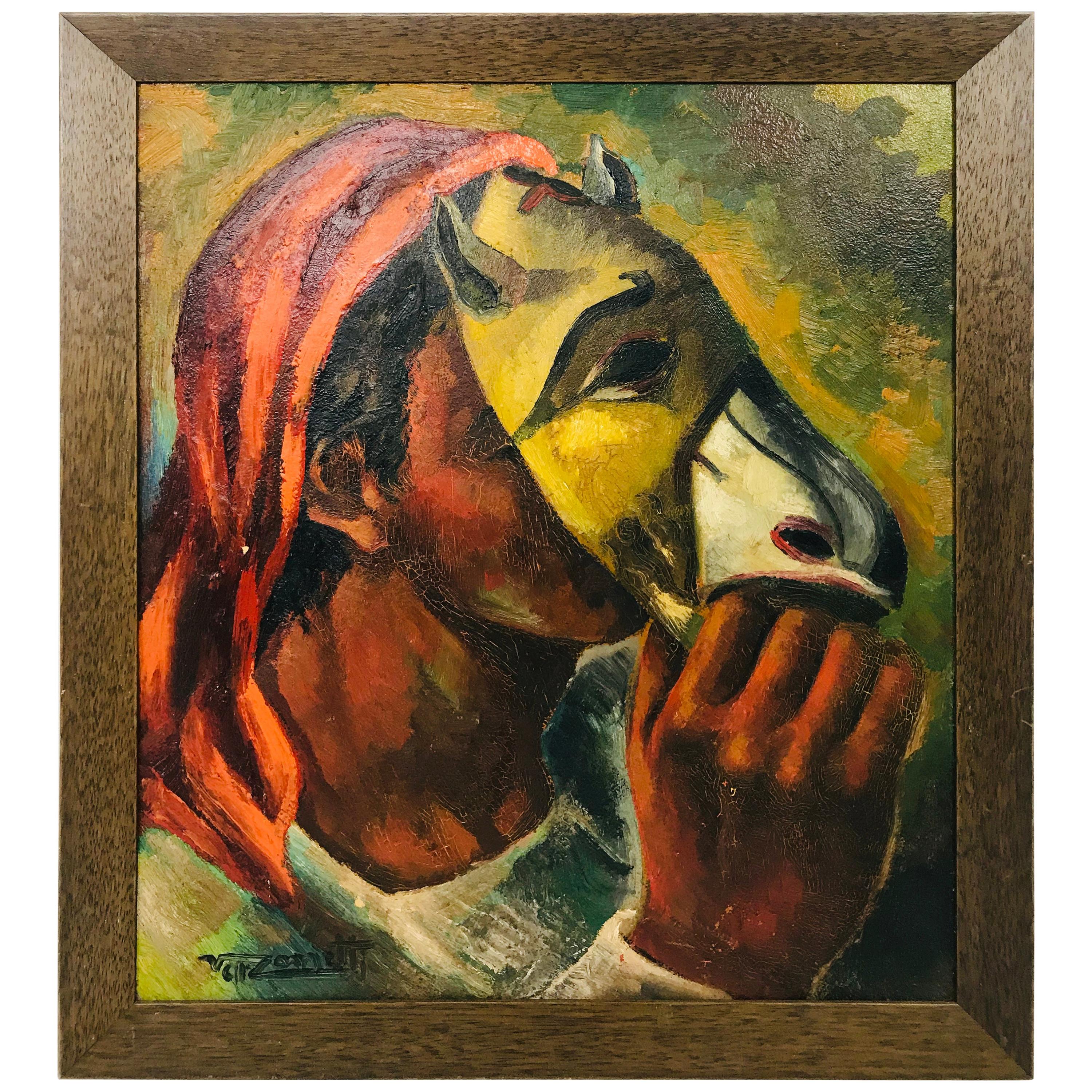 "Boy with a Mask" Oil on Board by Well Listed Spanish Artist Jose Vela Zanetti
