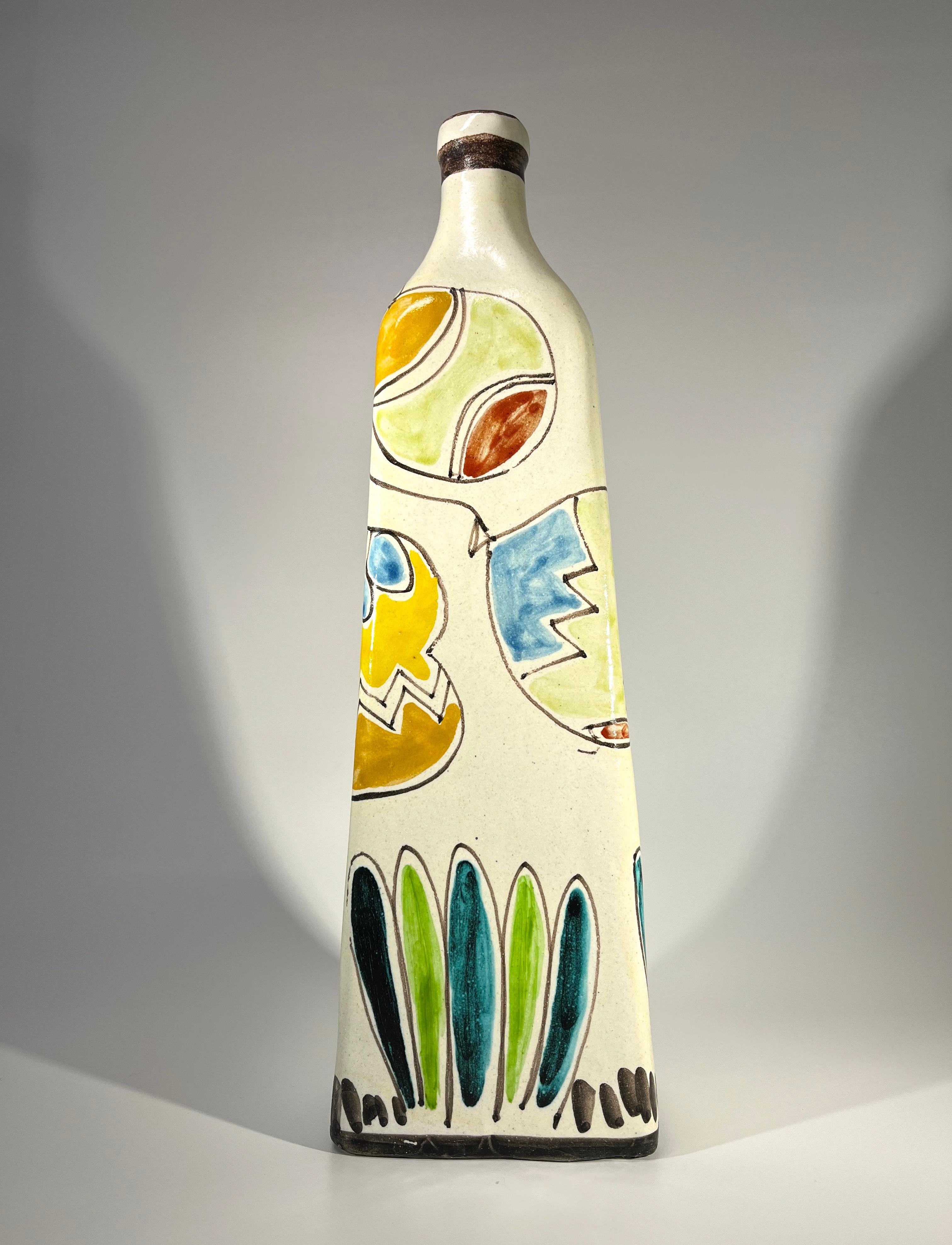 Hand-Painted Boy With Balloons, DeSimone Hand Painted Italian Ceramic Bottle Vase c1960's For Sale