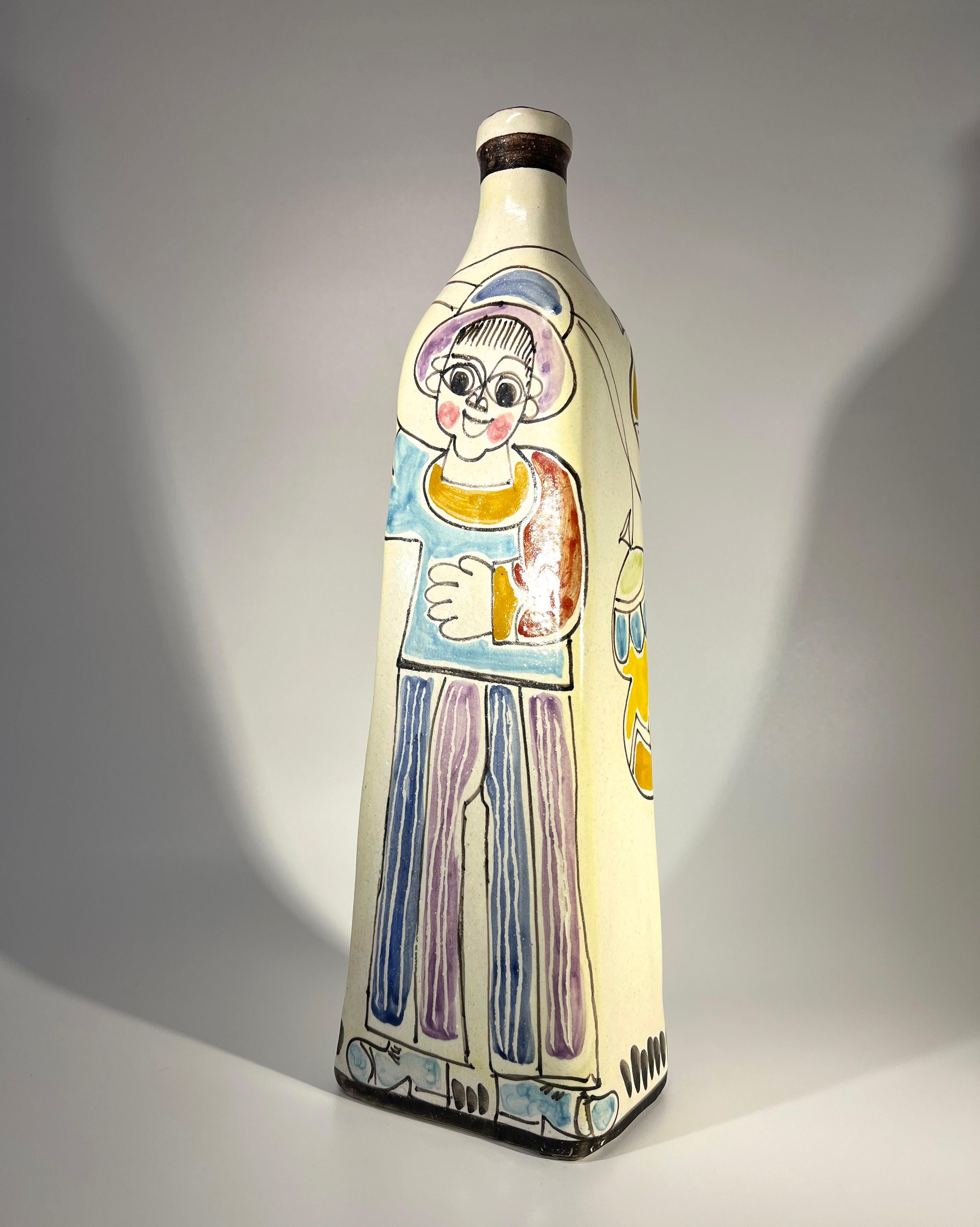 20th Century Boy With Balloons, DeSimone Hand Painted Italian Ceramic Bottle Vase c1960's For Sale
