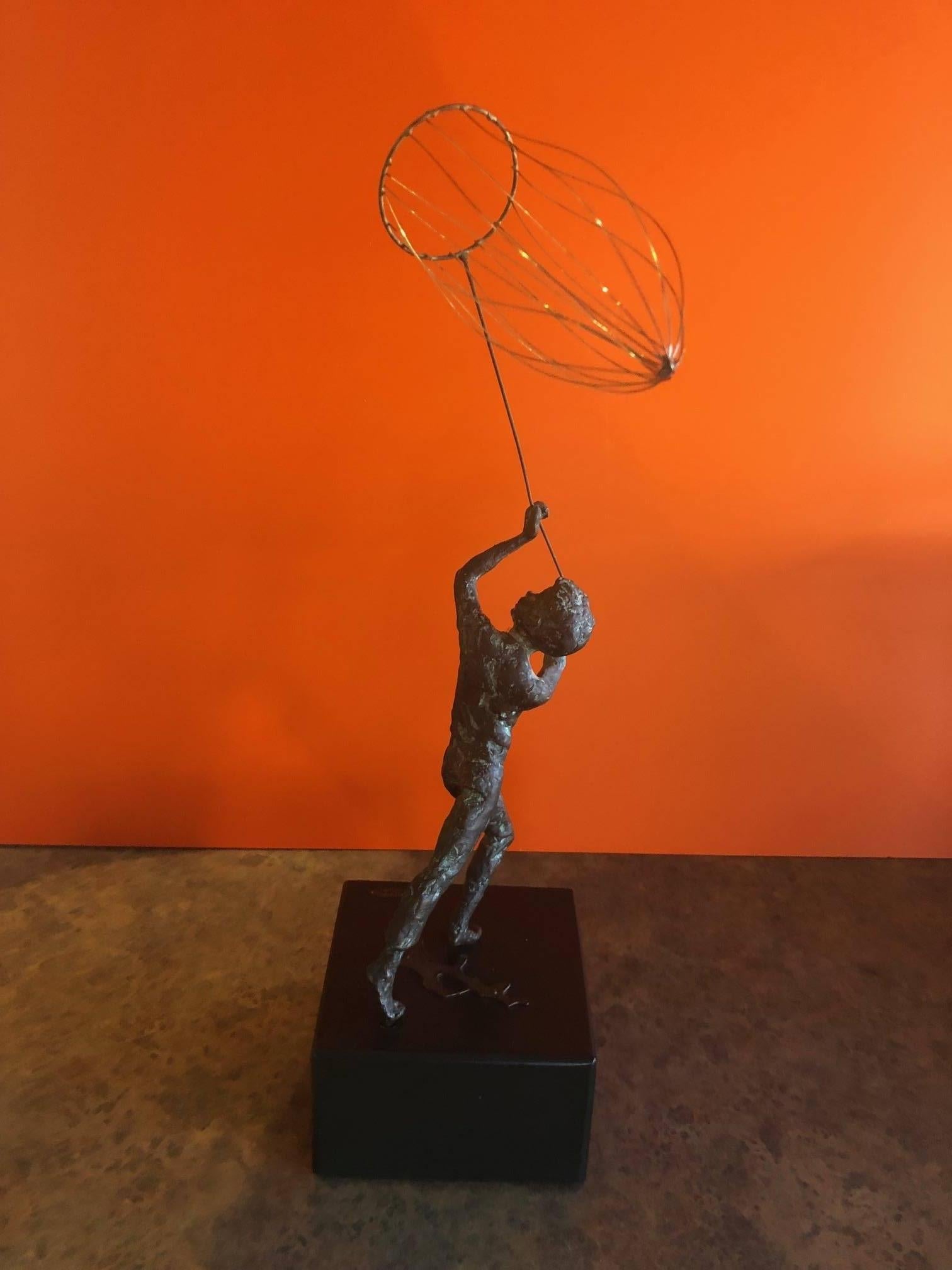 Mid-Century Modern Boy with Butterfly Net Bronze Statue by C. Jere