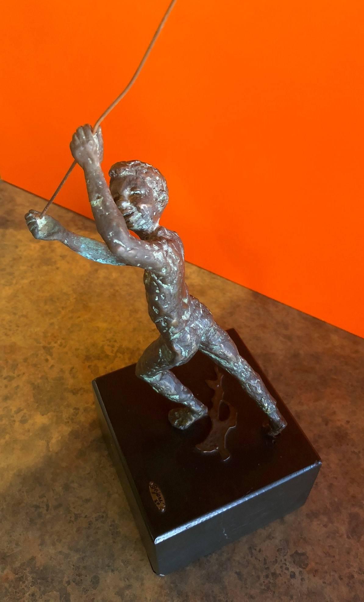20th Century Boy with Butterfly Net Bronze Statue by C. Jere