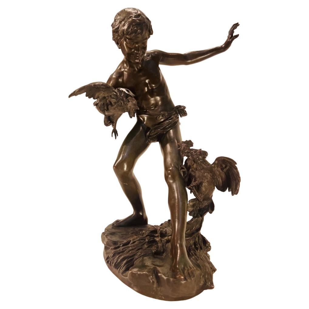 Boy with Cocks Signed Paul-Romain Chevré bronze 19th. For Sale