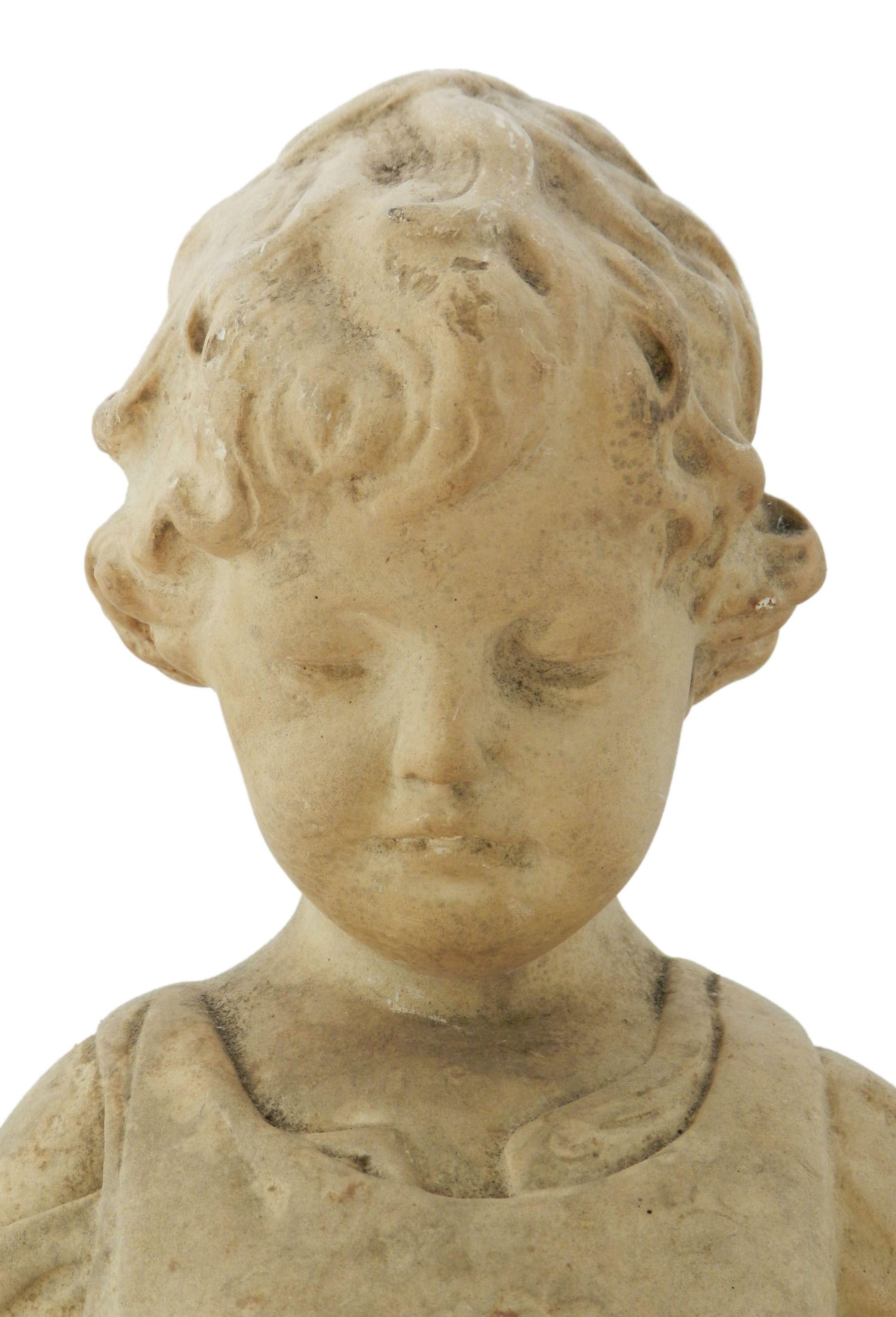 Belle Époque Boy with Frog Chalkware Hard Plaster Statue, c1910-20 FREE SHIPPING