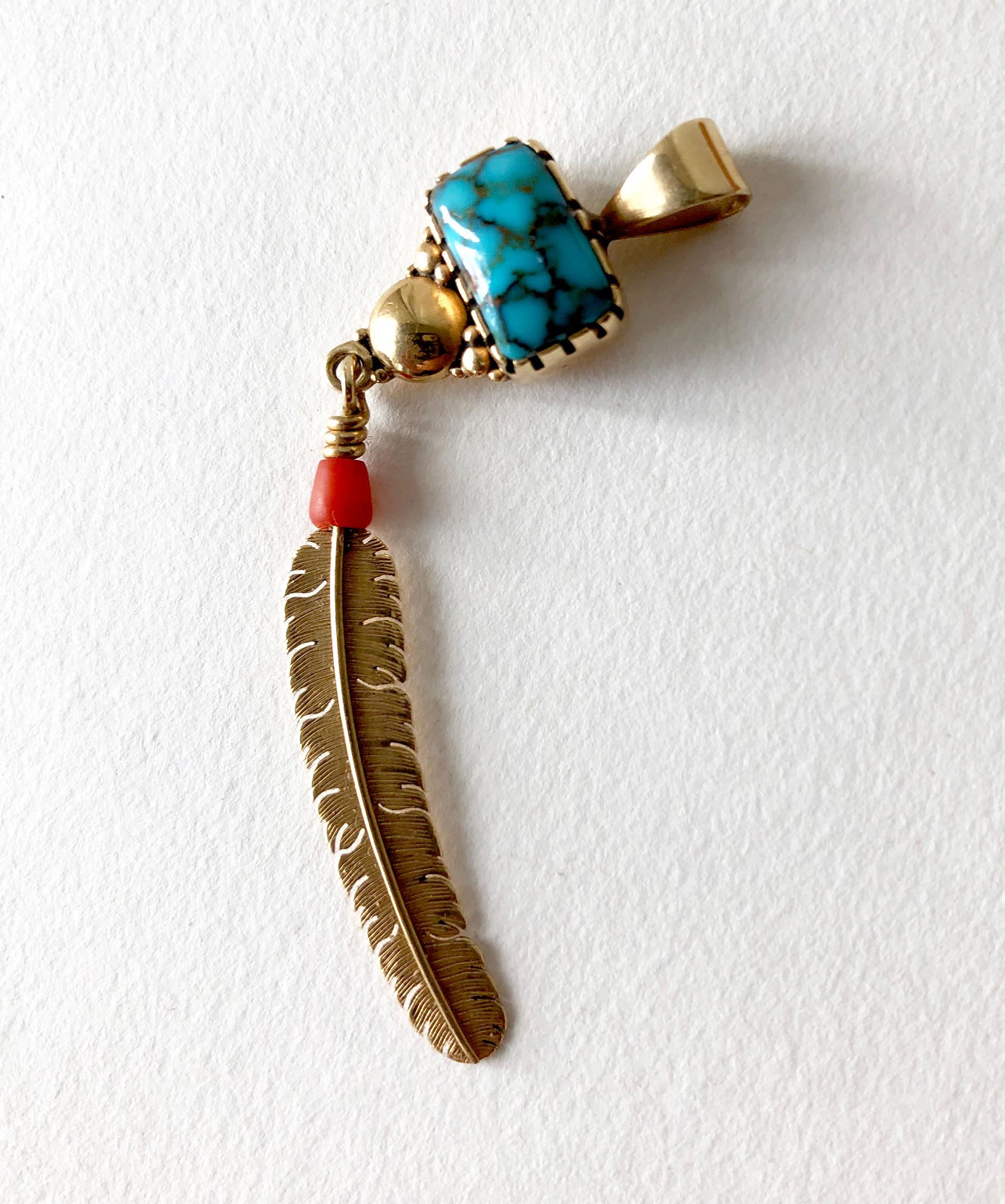 14K gold, turquoise and coral Eagle feather pendant created by Navajo jeweler, Boyd Tsosie.  Pendant measures 2 5/8