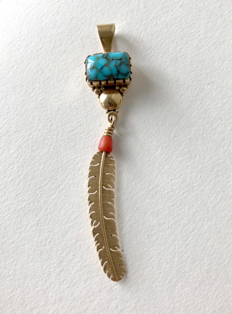 Native American Boyd Tsosie 14 Karat Gold Turquoise Coral American Navajo Eagle Feather Pendant For Sale