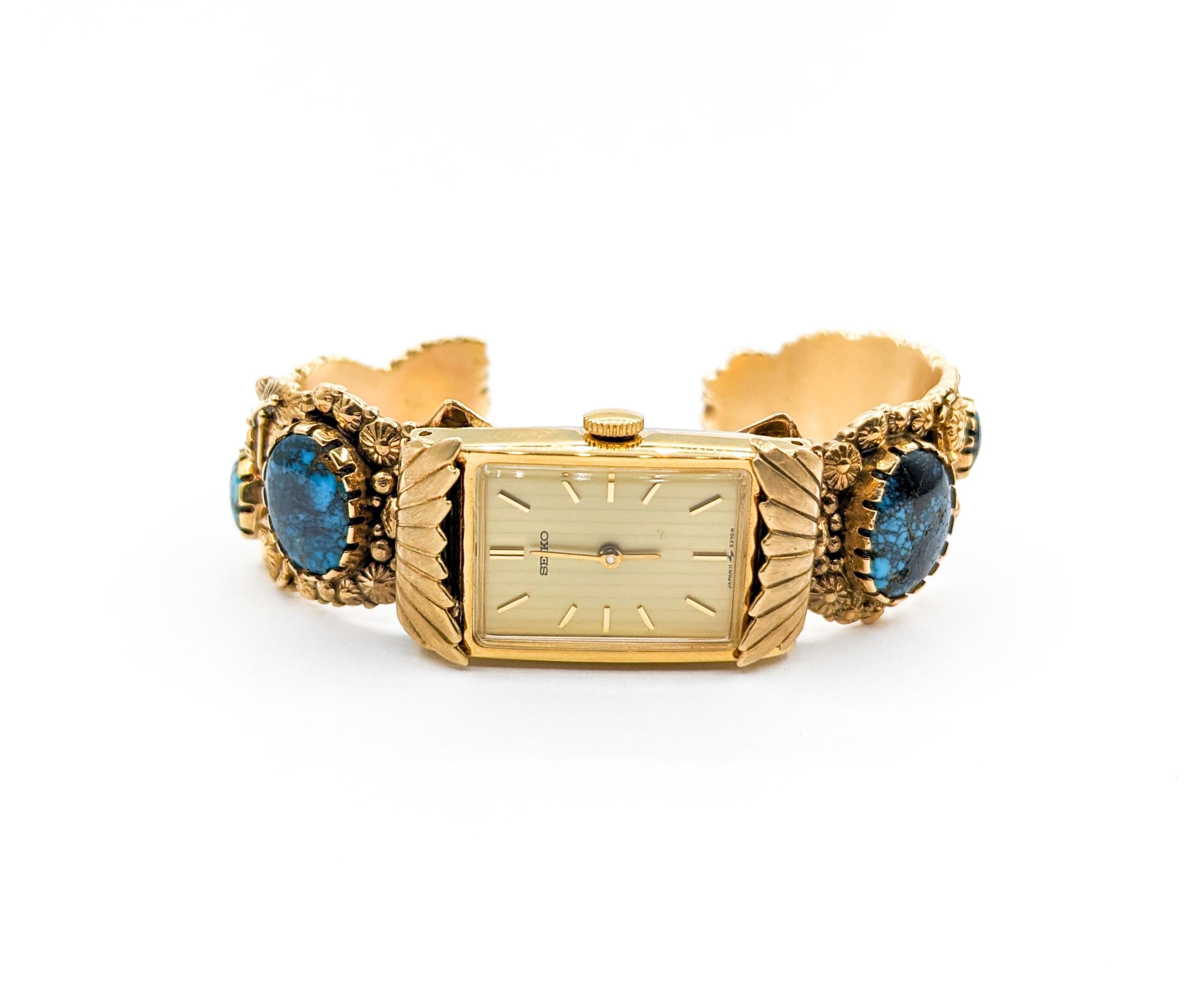 Boyd Tsosie Turquoise & 14K Gold Cuff with Seiko Timepiece For Sale 4