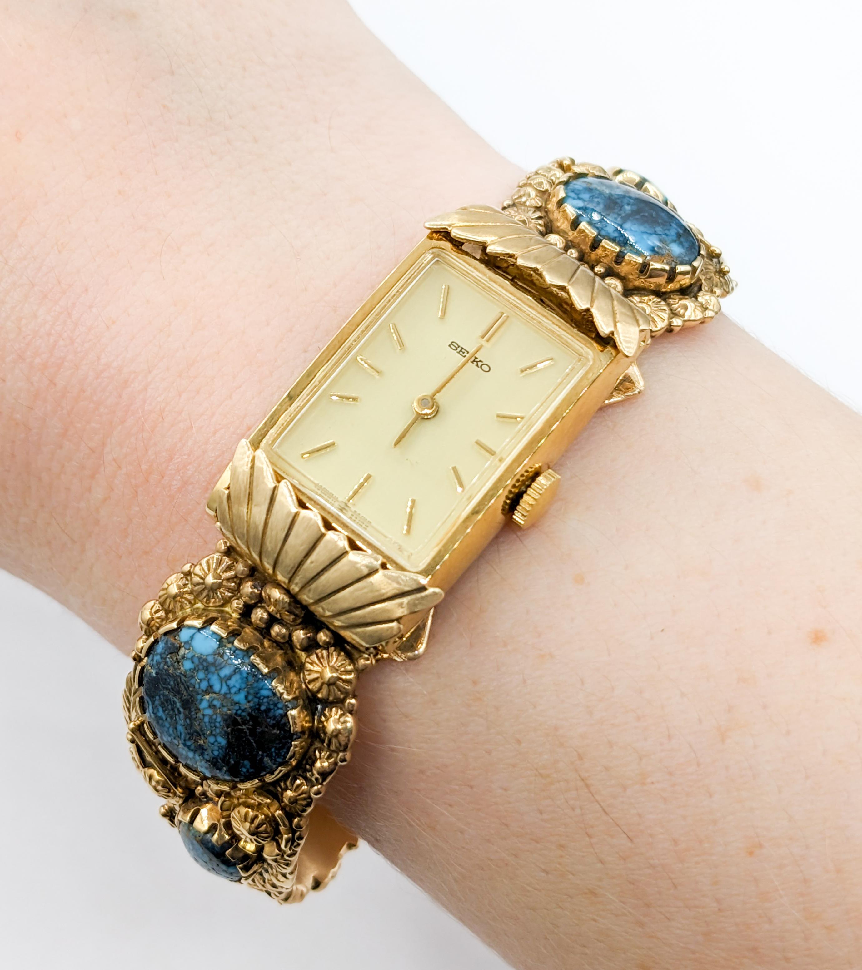 Contemporary Boyd Tsosie Turquoise & 14K Gold Cuff with Seiko Timepiece For Sale