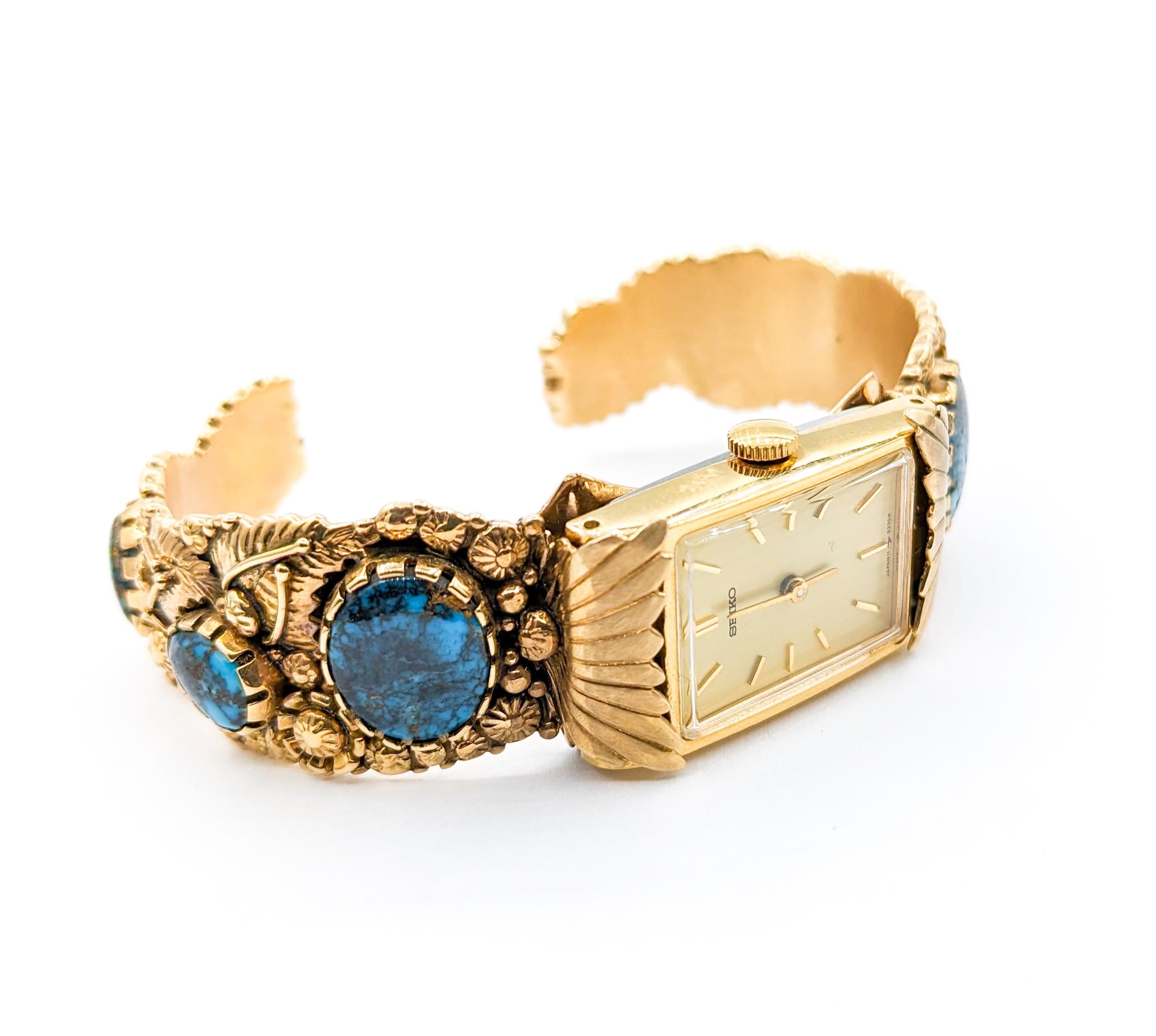 Boyd Tsosie Turquoise & 14K Gold Cuff with Seiko Timepiece In Excellent Condition In Bloomington, MN