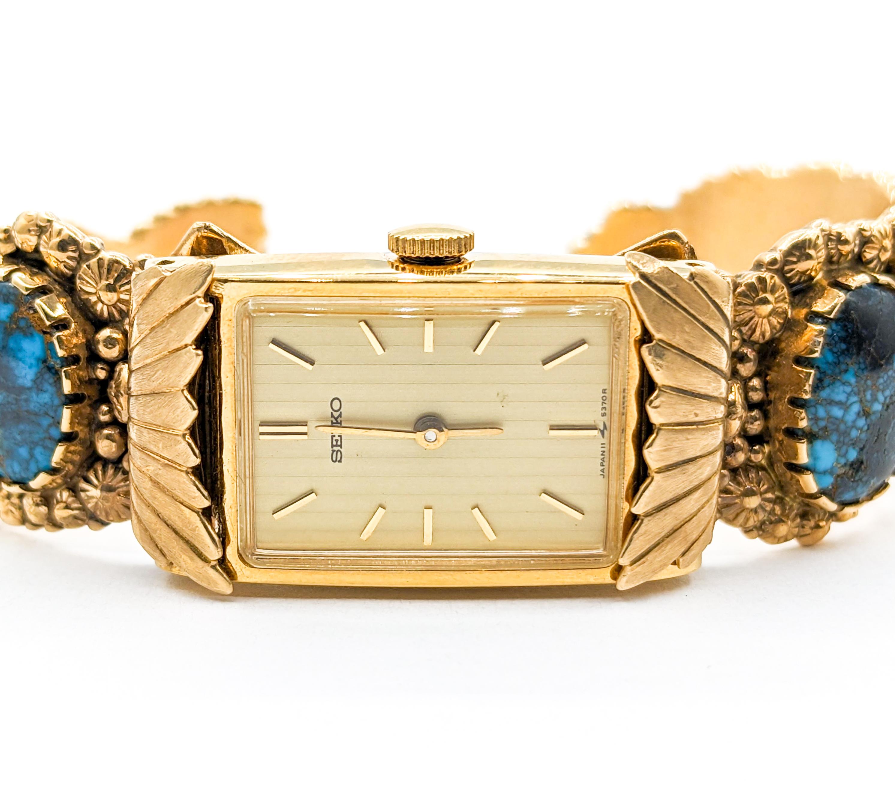 Boyd Tsosie Turquoise & 14K Gold Cuff with Seiko Timepiece 1