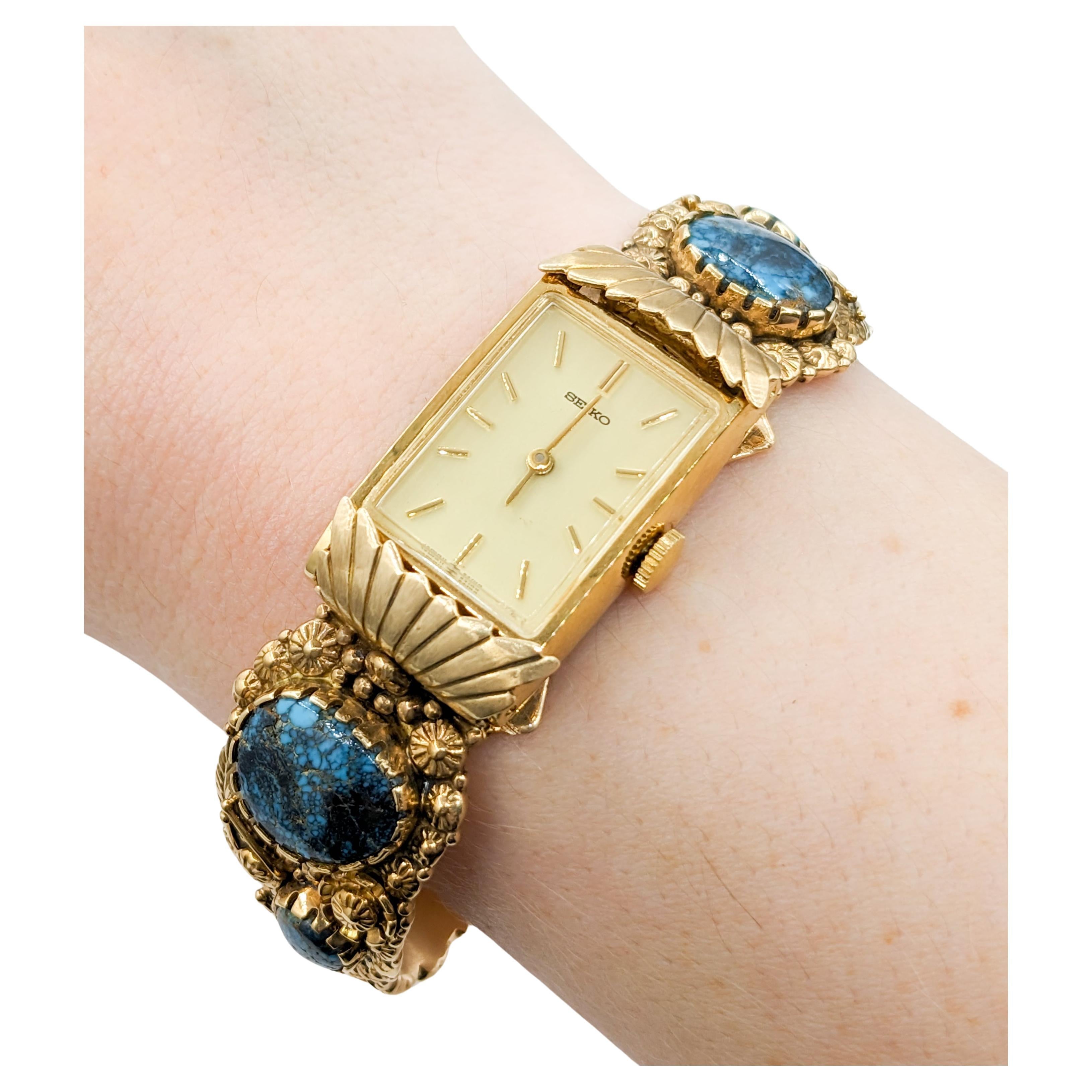 Boyd Tsosie Turquoise & 14K Gold Cuff with Seiko Timepiece For Sale