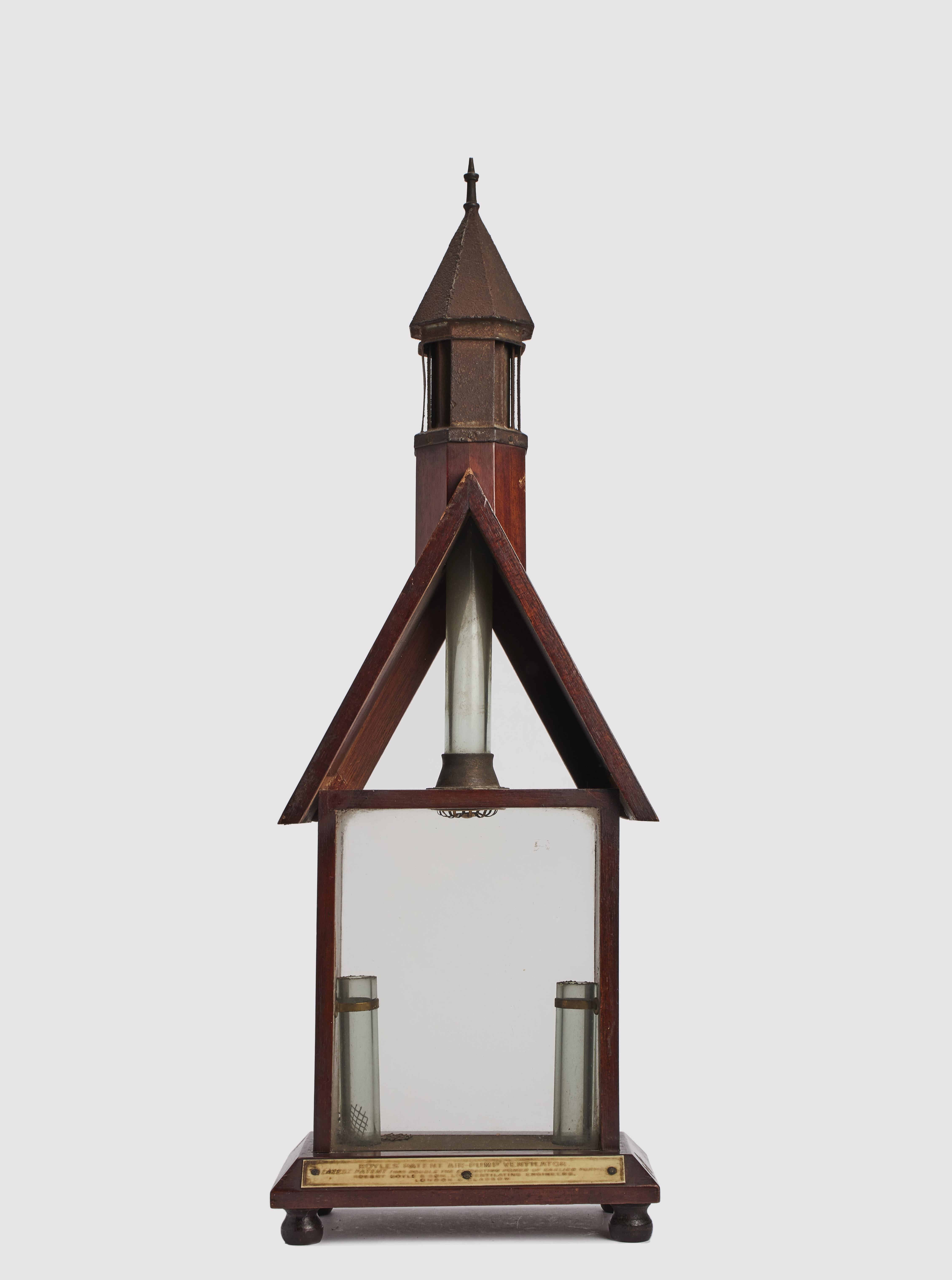 Boyle’s patent air pump ventilator mahogany wood, glass an iron, depicting architecture model. Robert Boyle & son Ventilating engineeres. London & Glasgow, end XIX century.
