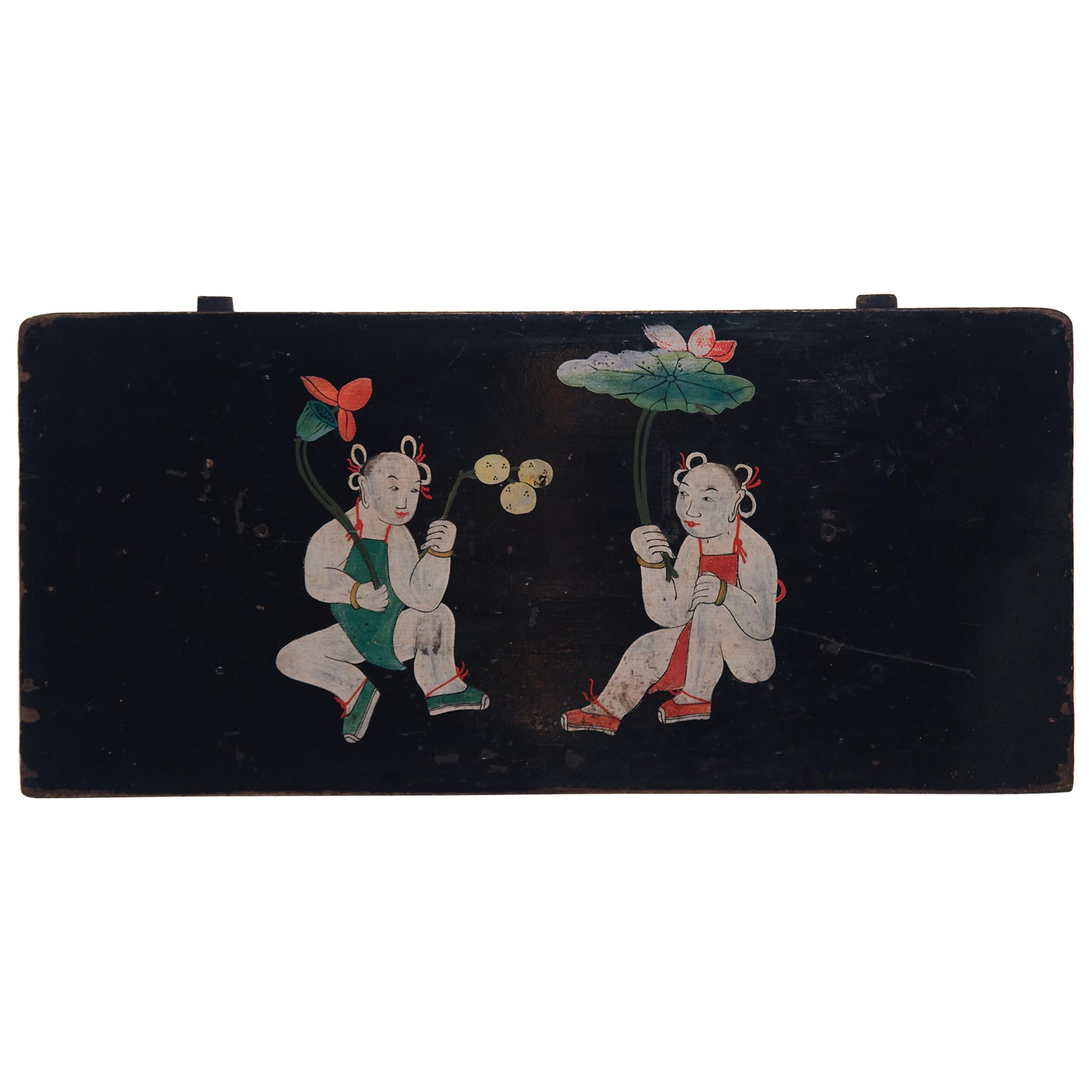 "Boys Beneath Lotus" Chinese Folk Painted Panel, circa 1850 For Sale