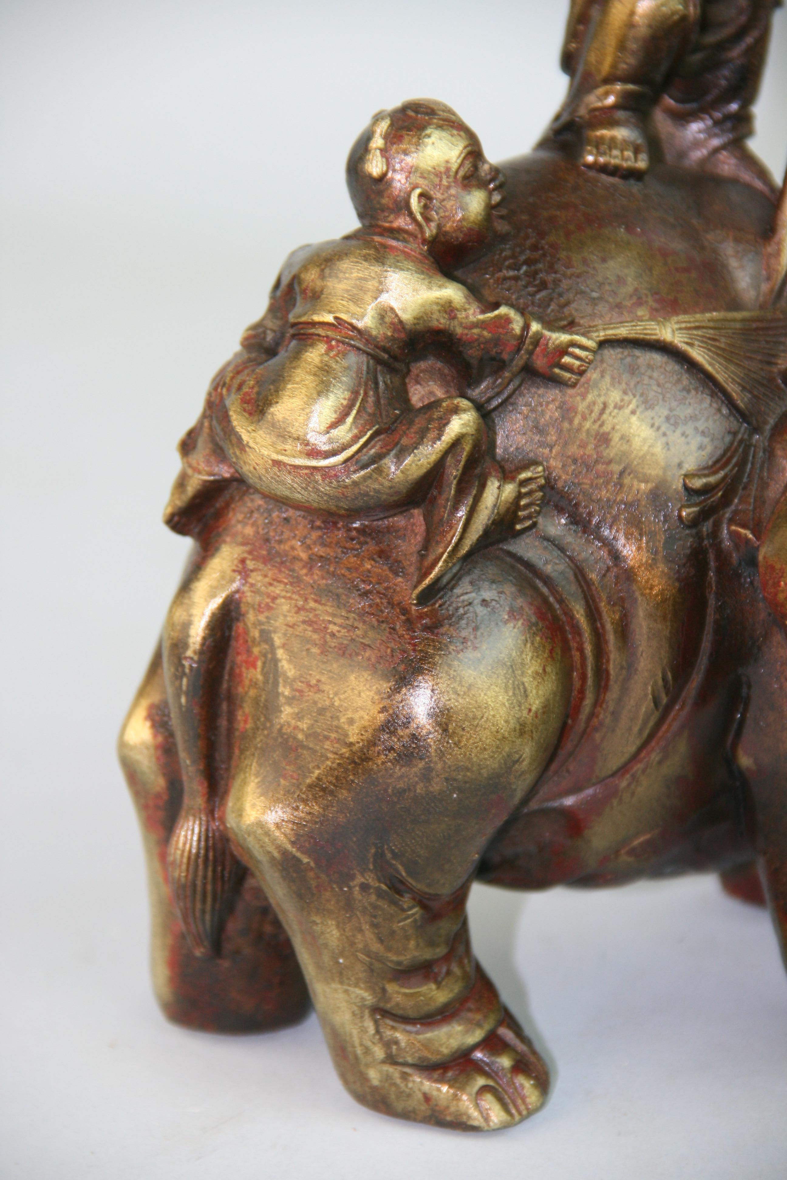 Asian Bronze Sculpture Boys Washing Elephant For Sale 10