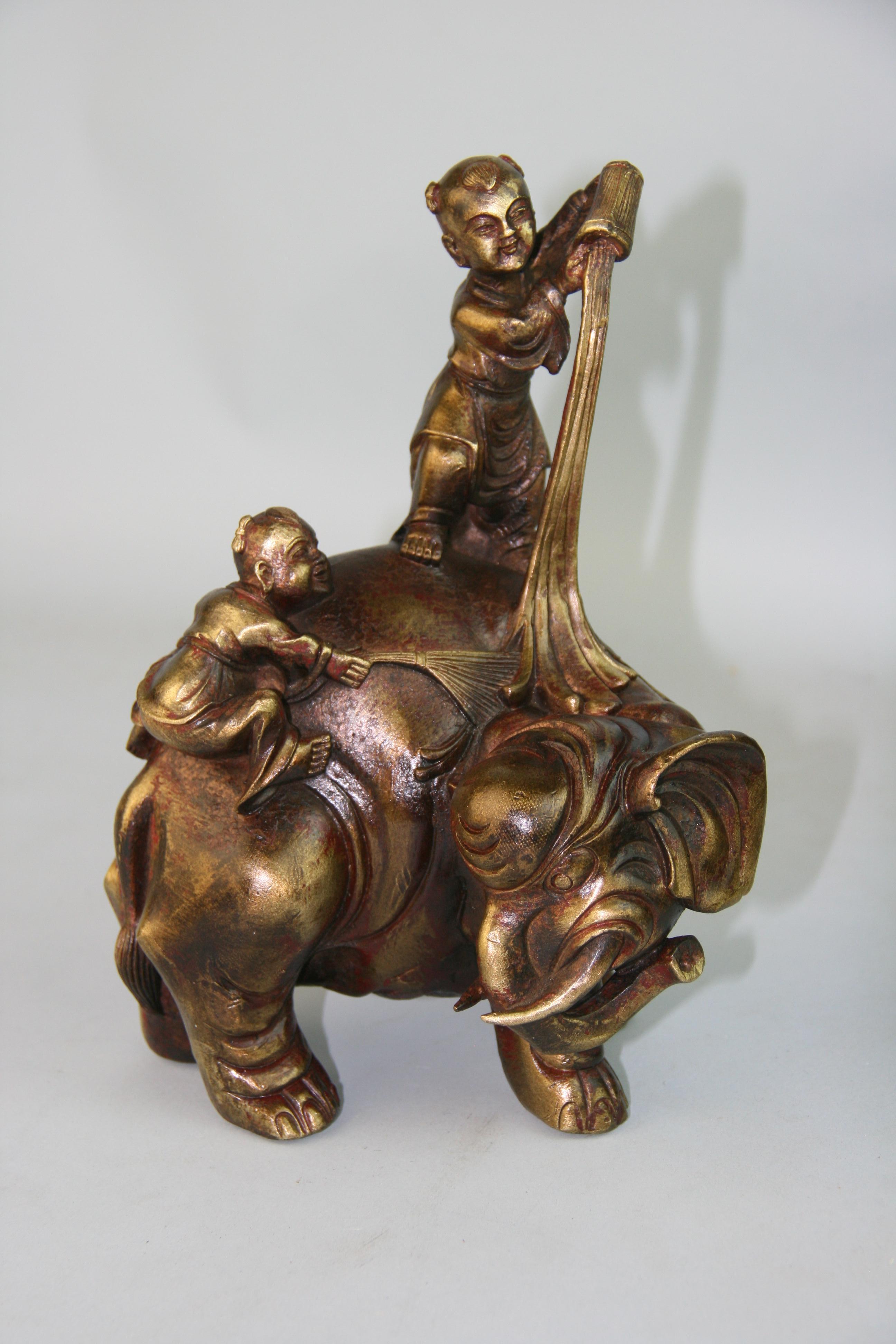 Asian Bronze Sculpture Boys Washing Elephant In Good Condition For Sale In Douglas Manor, NY