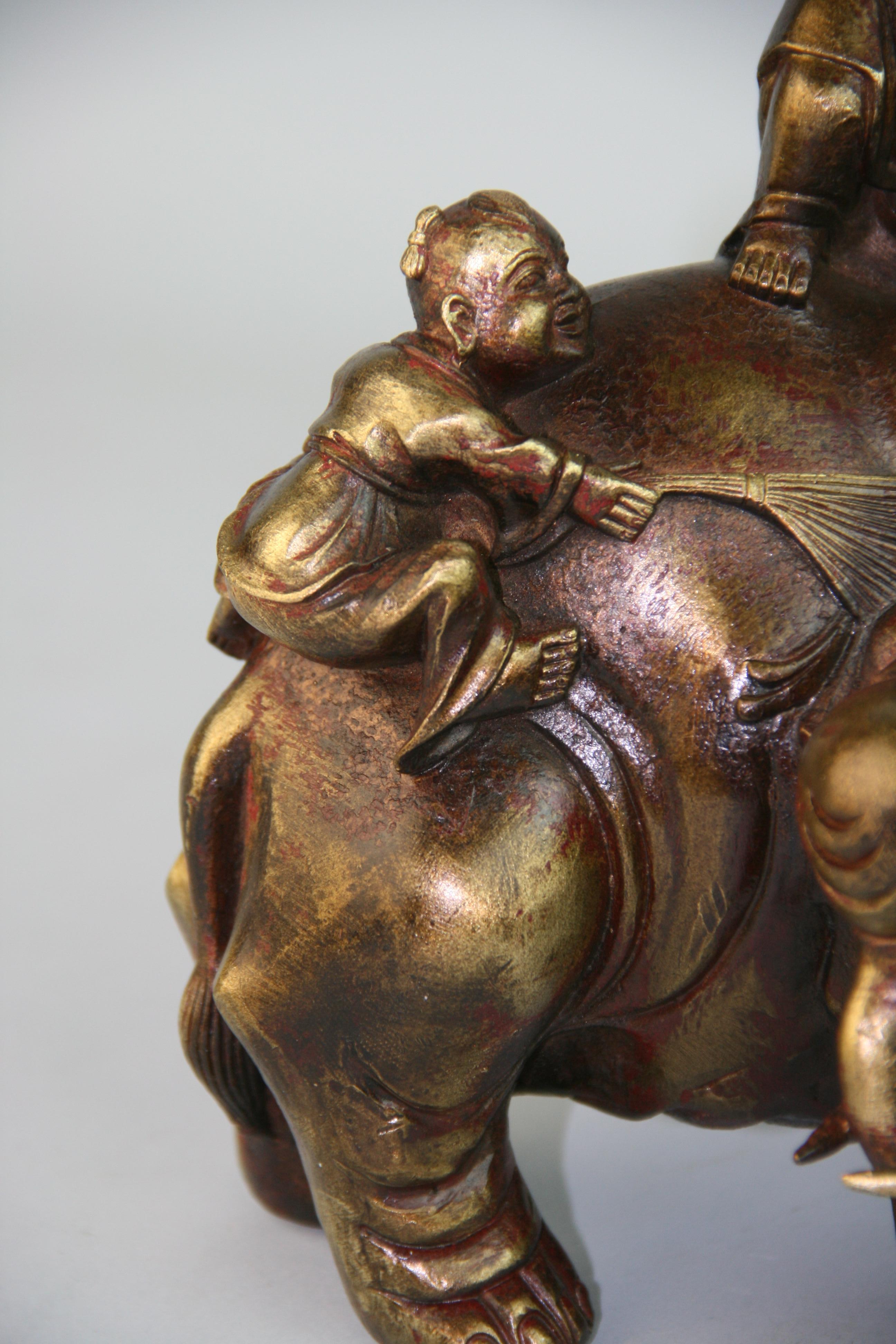 Asian Bronze Sculpture Boys Washing Elephant For Sale 3