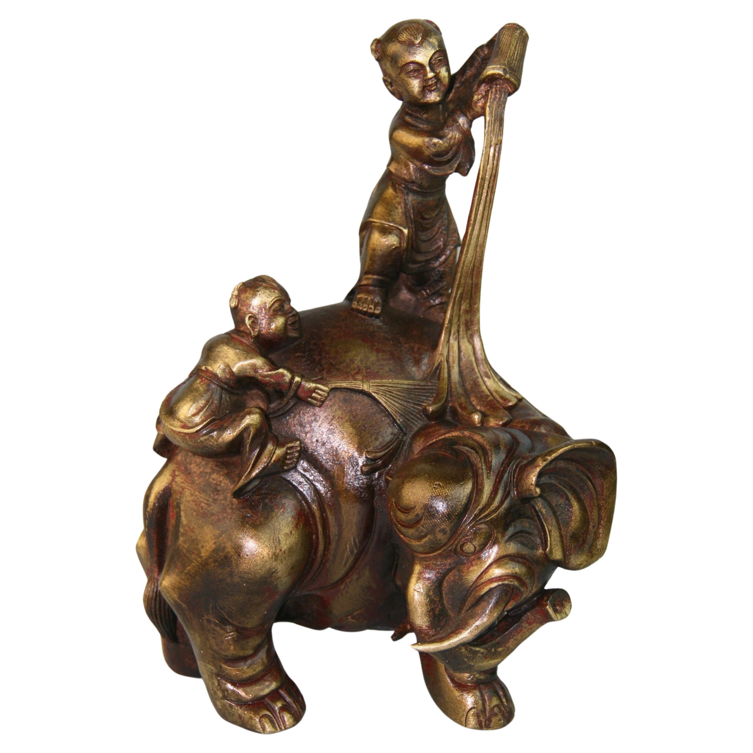 Asian Bronze Sculpture Boys Washing Elephant