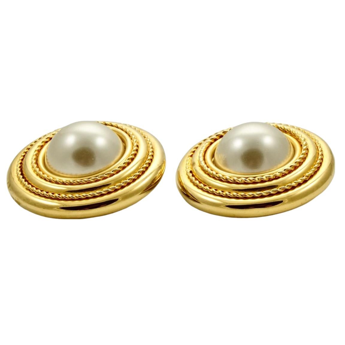 Women's or Men's Bozart Gold Plated and Faux Pearl Clip On Statement Earrings Made in Italy For Sale