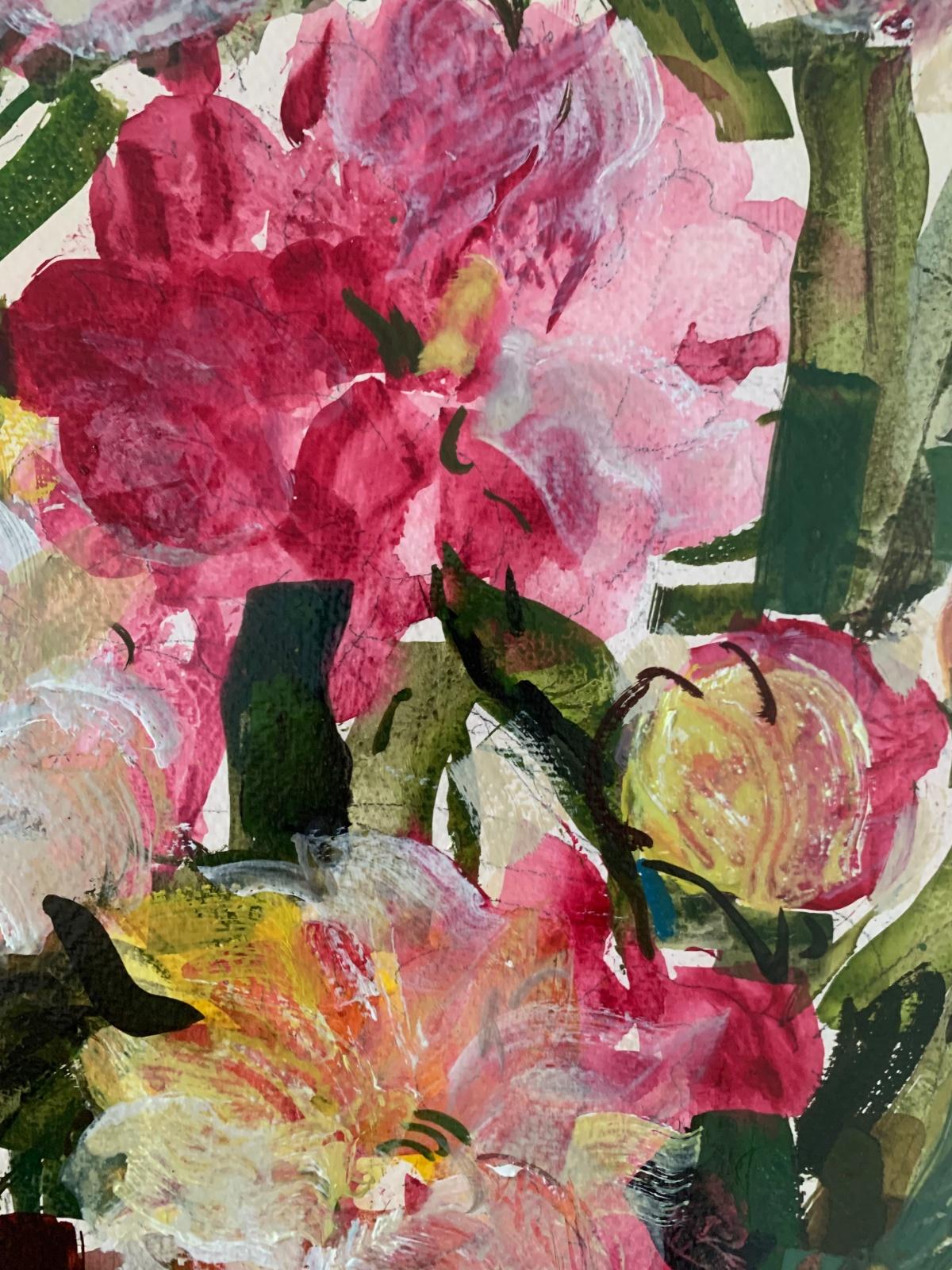 Contemporary floral still life figurative gouache on cardboard painting by Polish artist Bozena Lesiak. Colors are vibrant with pink and green.

BOŻENA LESIAK (born in 1952) Studied at the faculty of painting at the Academy of Fine Arts in Cracow