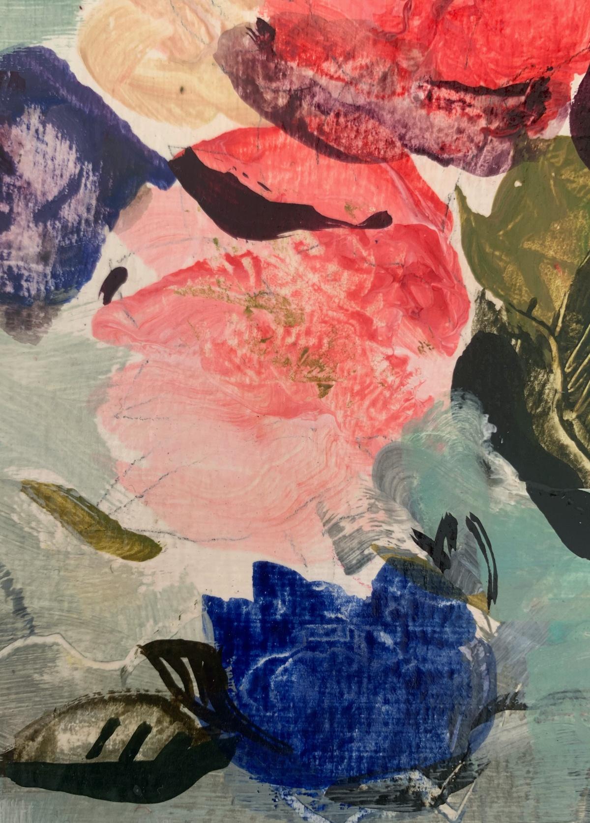 Bodegón floral figurativo contemporáneo pintado al gouache sobre papel por la artista polaca Bozena Lesiak. La pintura es de pequeño formato. El arte de Bozena Lesiak encarna la belleza de la naturaleza y su forma, que a veces parece más abstracta.