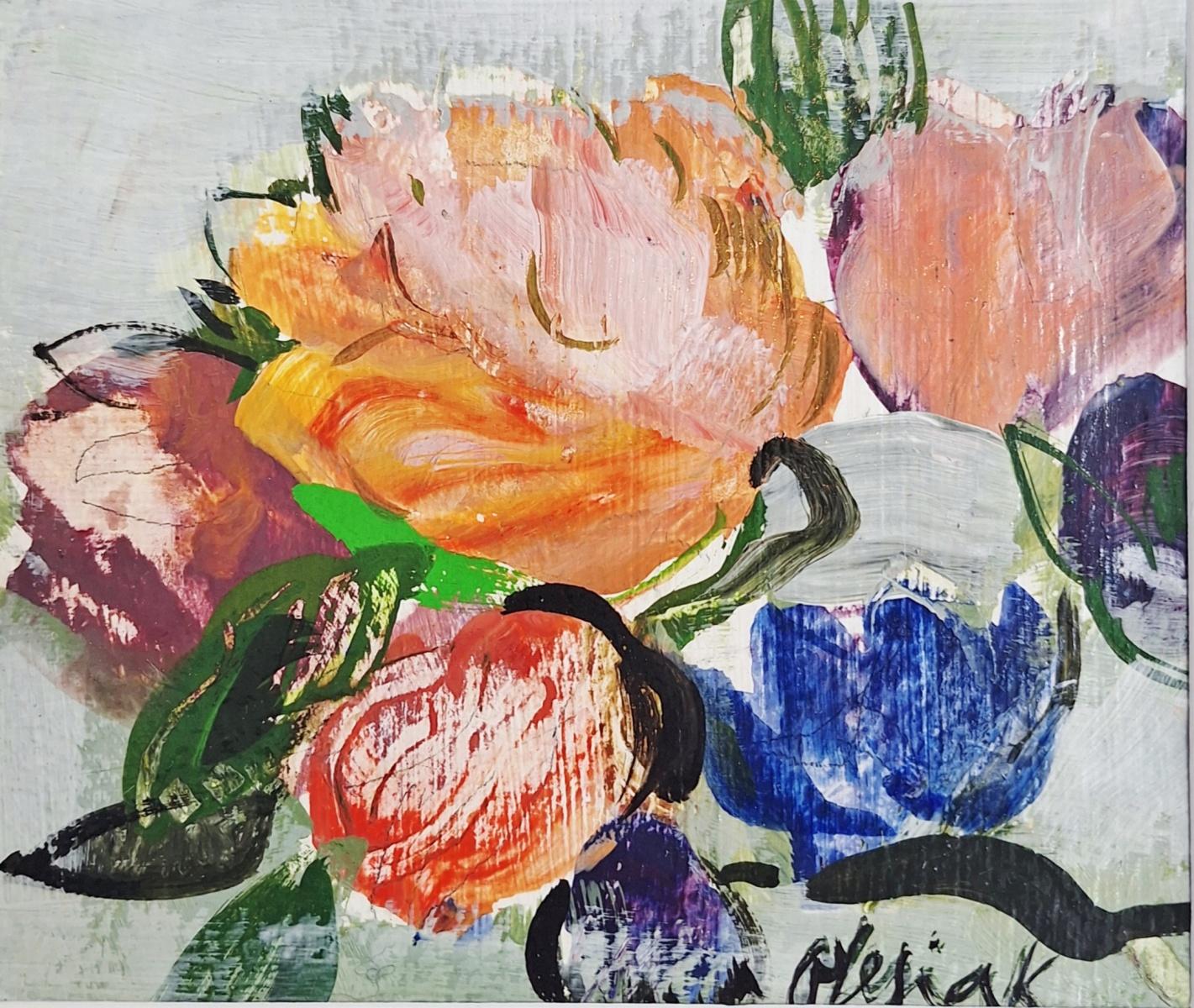 Bożena Lesiak Still-Life Painting – Pfingstrosen. Gouache-Gemälde, Abstrakt, figurativ, geblümt, polnische Kunst