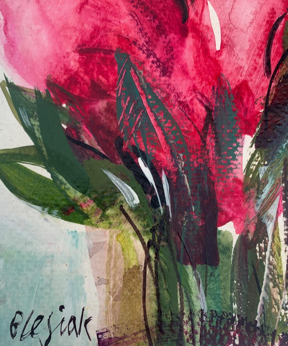 Tulips. Gouache Painting, Abstract, Figurative, Floral, Polish artist - Pink Still-Life Painting by Bożena Lesiak