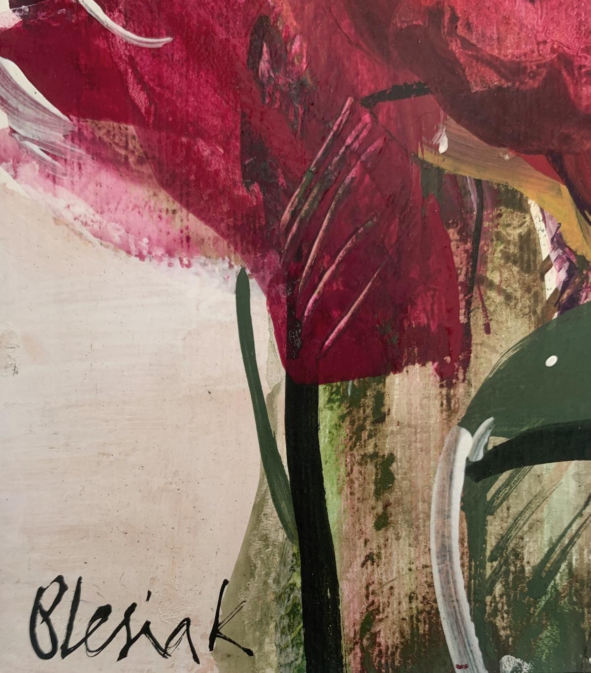 Tulips. Gouache Painting, Abstract, Figurative, Floral, Polish artist - Brown Still-Life Painting by Bożena Lesiak