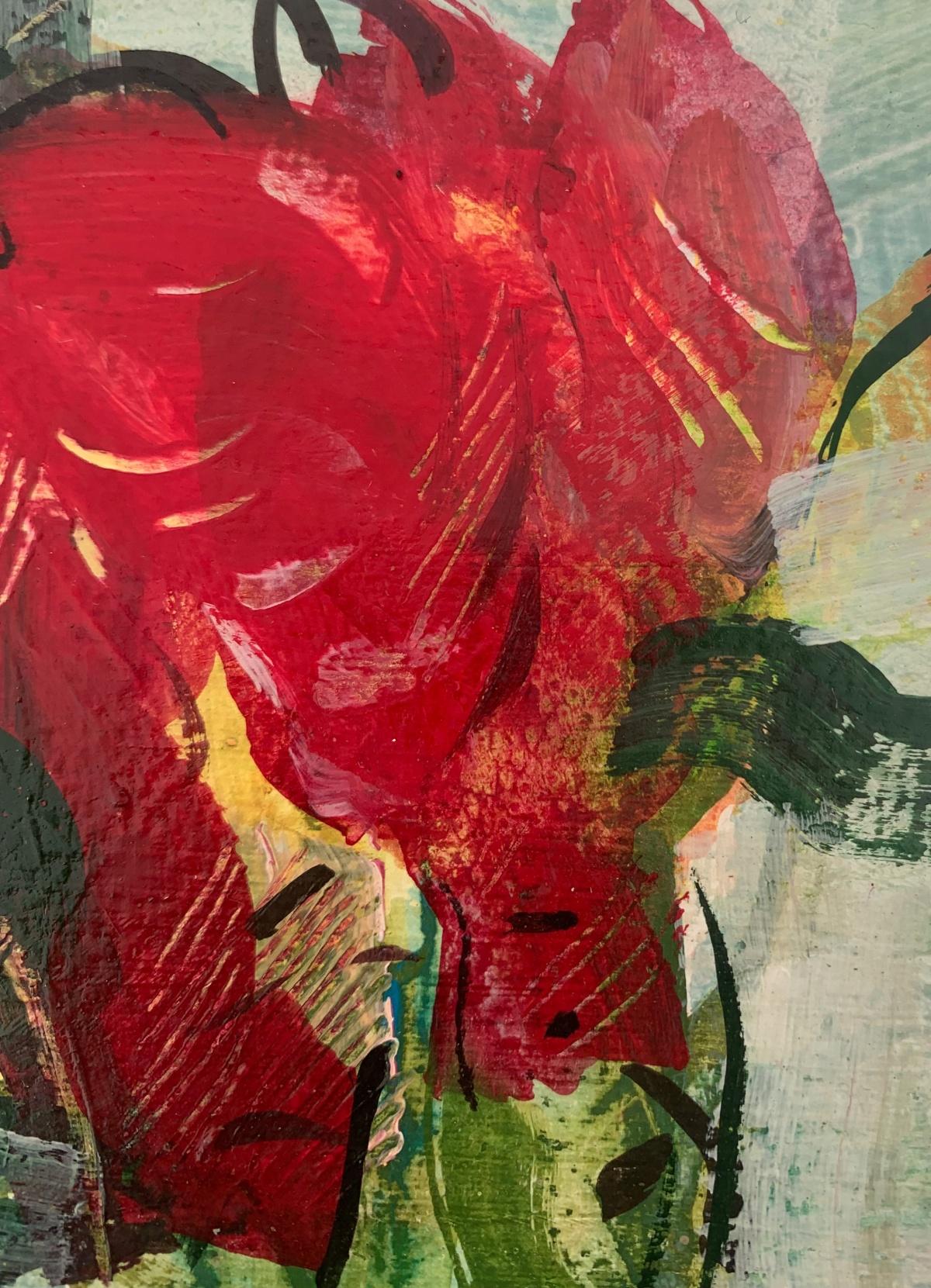 Contemporary floral still life figurative gouache on paper painting by Polish artist Bozena Lesiak. Painting is in a small format. Bozena Lesiak's art embodies beauty of nature and its form which at times looks more abstract. Color is of a big