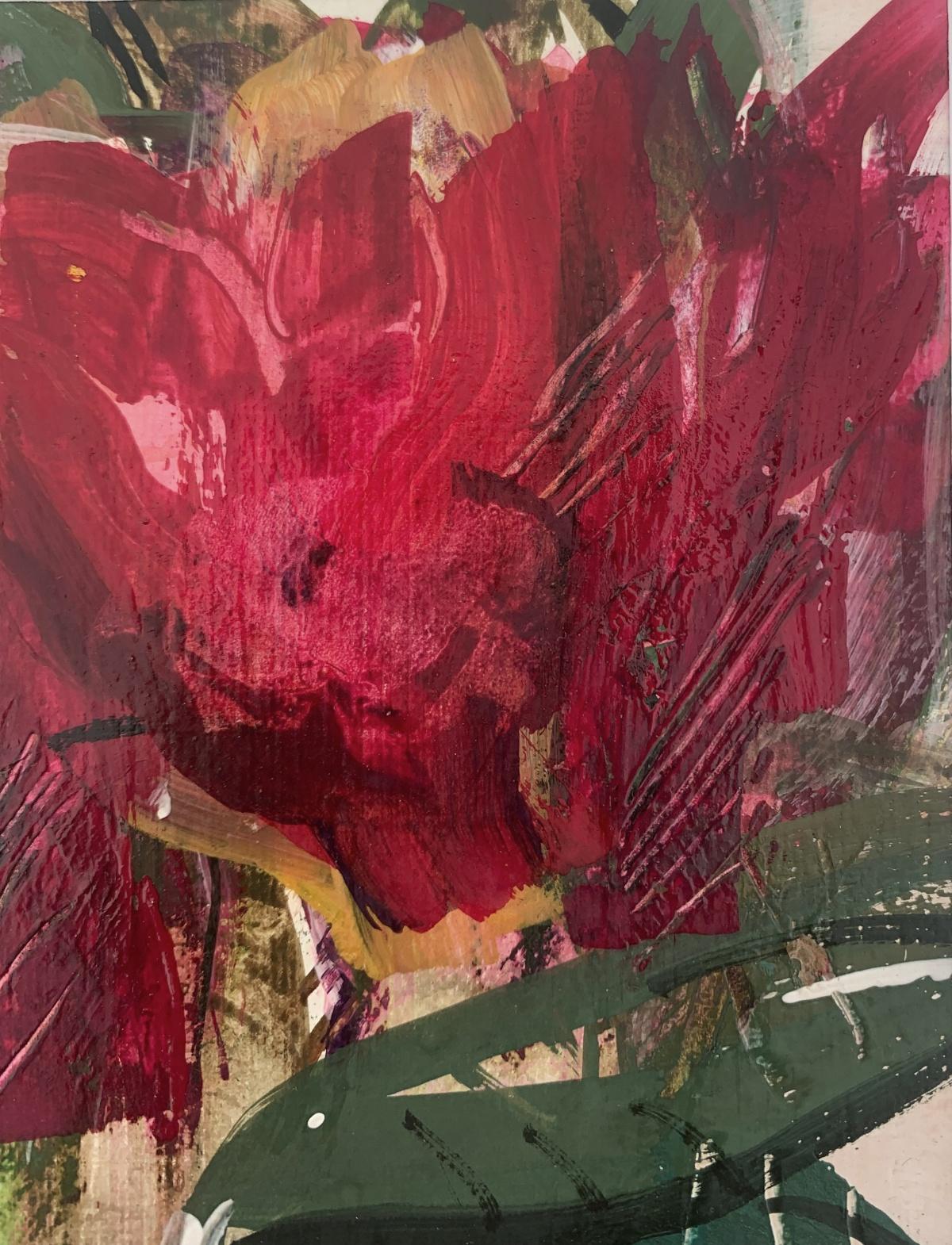 Contemporary floral still life figurative gouache on paper painting by Polish artist Bozena Lesiak. Painting is in a small format. Bozena Lesiak's art embodies beauty of nature and its form which at times looks more abstract. Color is of a big