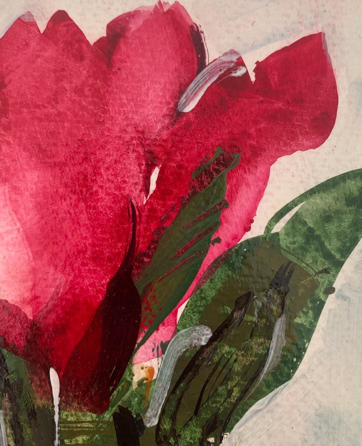 Bodegón floral figurativo contemporáneo pintado al gouache sobre papel por la artista polaca Bozena Lesiak. La pintura es de pequeño formato. El arte de Bozena Lesiak encarna la belleza de la naturaleza y su forma, que a veces parece más abstracta.
