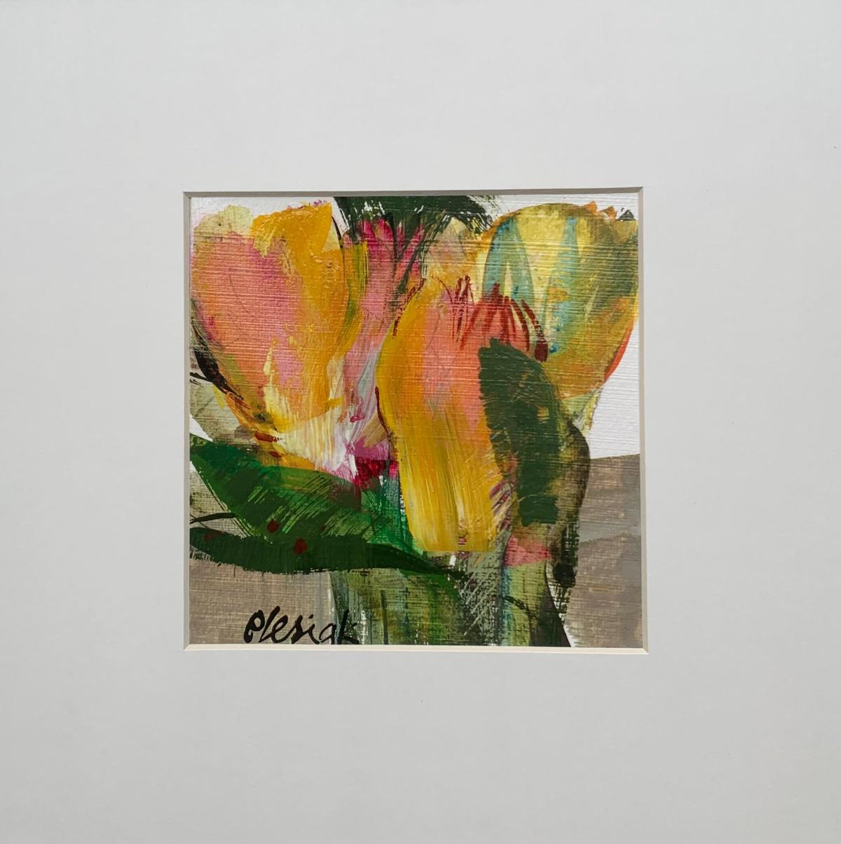 Contemporary floral still life figurative gouache on cardboard painting by Polish artist Bozena Lesiak. Painting is in a small format with glossy varnish. Bozena Lesiak's art embodies beauty of nature and its form which at times looks more abstract.
