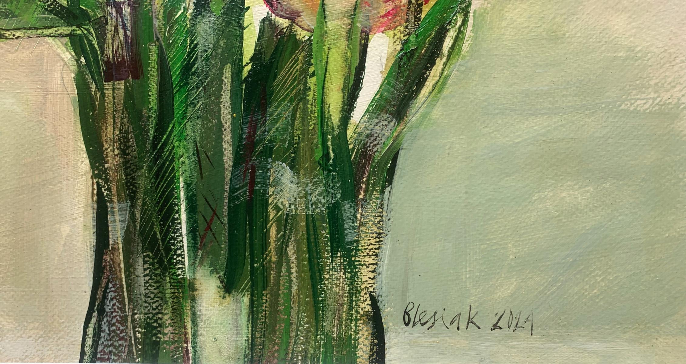 Tulips. Gouache Painting, Abstract, Figurative, Flowers, Polish art - Still-Life Painting Marrone di Bożena Lesiak
