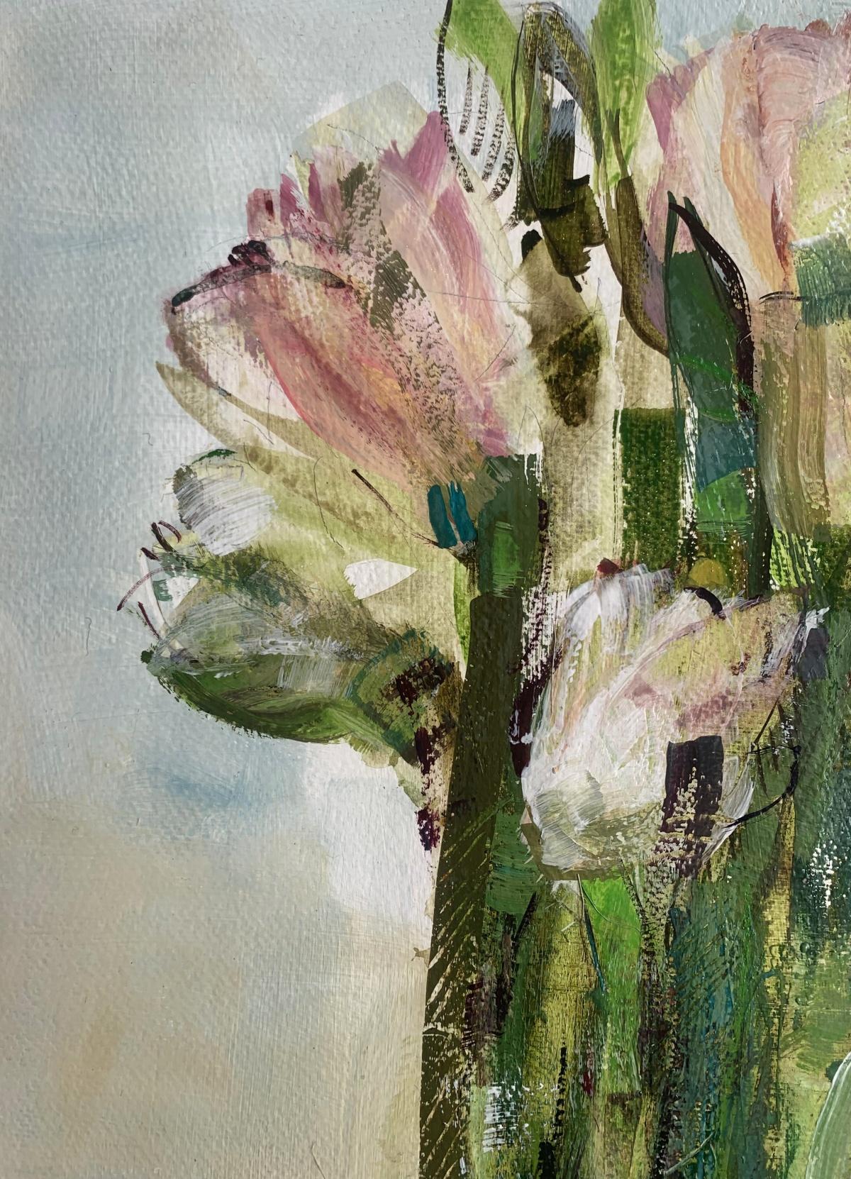 Tulipanes. Pintura al gouache, Abstracto, Figurativo, Flores, Arte polaco - Still-Life Painting Gris de Bożena Lesiak