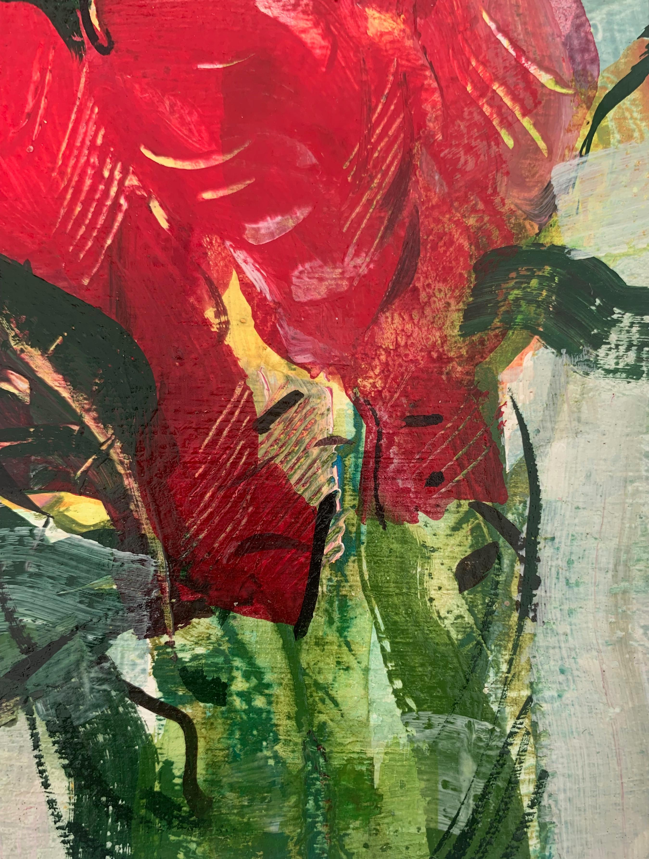 Bodegón floral figurativo contemporáneo pintado al gouache sobre papel por la artista polaca Bozena Lesiak. La pintura es de pequeño formato. El arte de Bozena Lesiak encarna la belleza de la naturaleza y su forma, que a veces parece más abstracta.