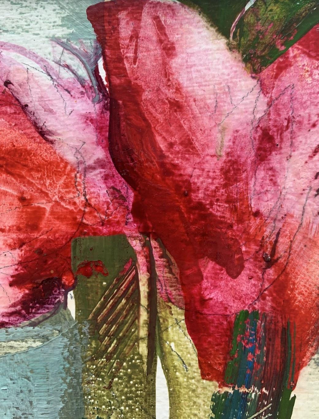 Tulips - Oil & Acrylic Painting, Abstract, Figurative, Flowers, Polish art - Pink Still-Life Painting by Bożena Lesiak