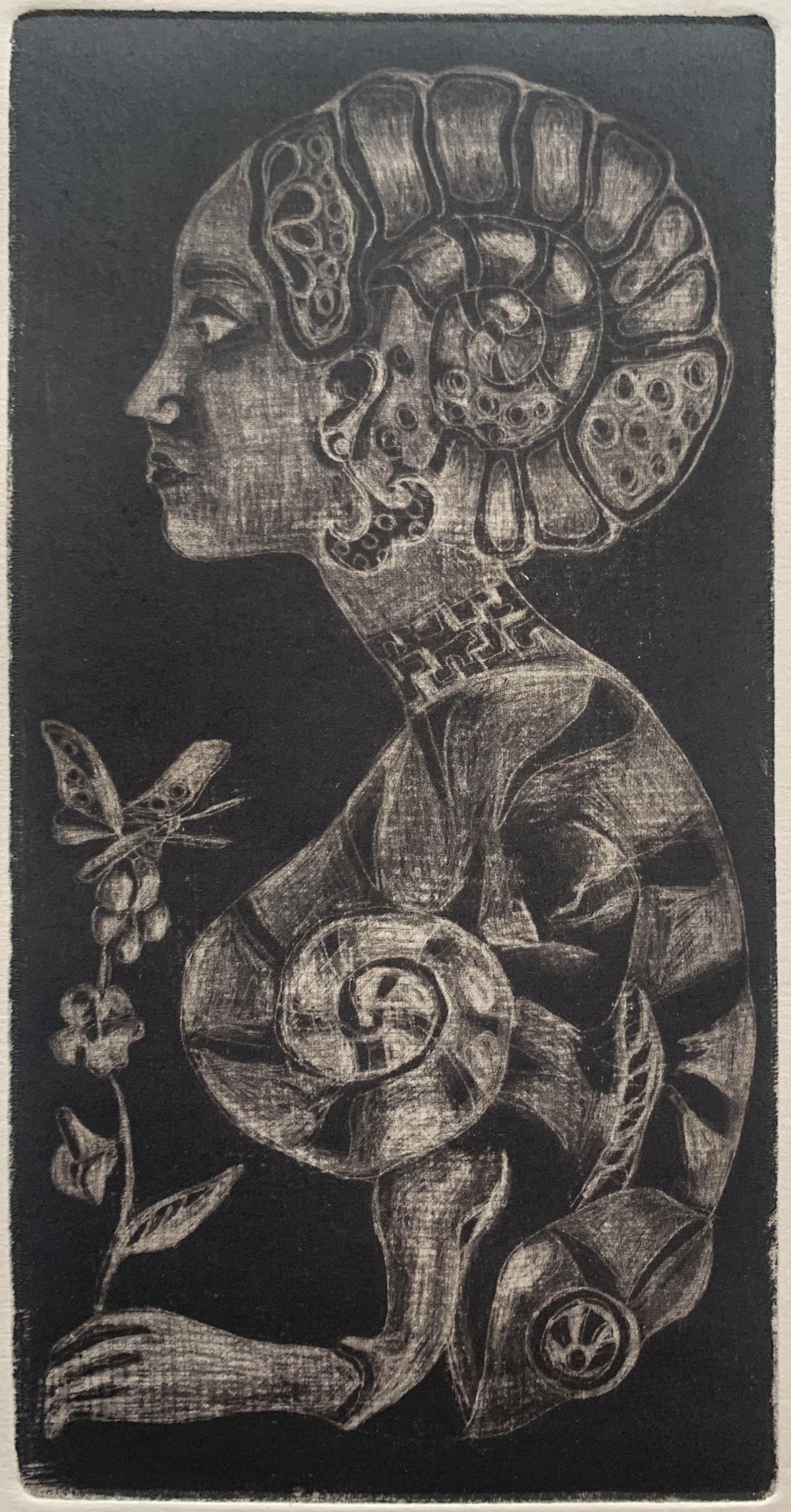 Camaleón hundido. Grabado a la aguada, Figurativo, Monocromático, Artista polaco